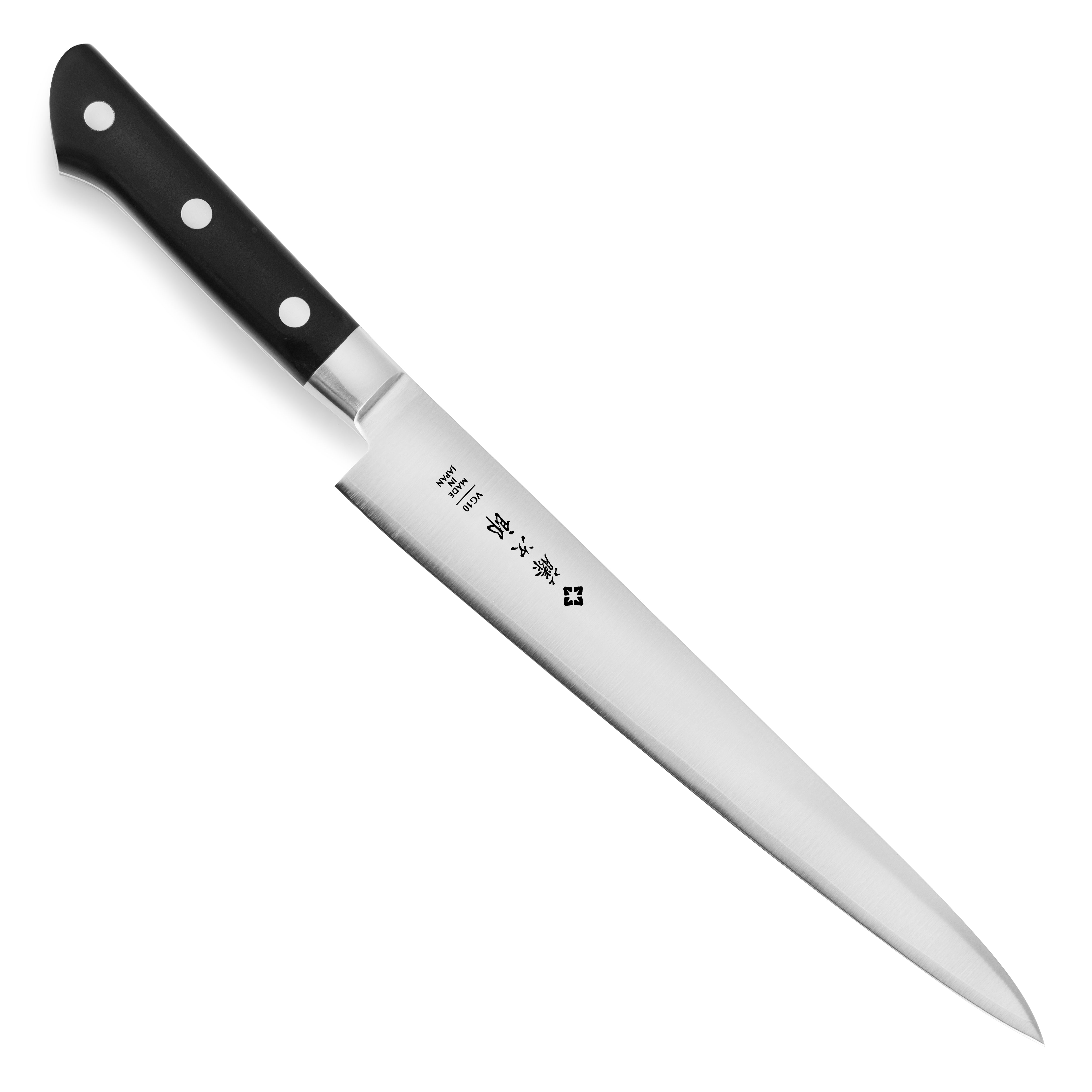 Close-up of the Tojiro Classic slicing knife blade, highlighting its sharpness and craftsmanship.