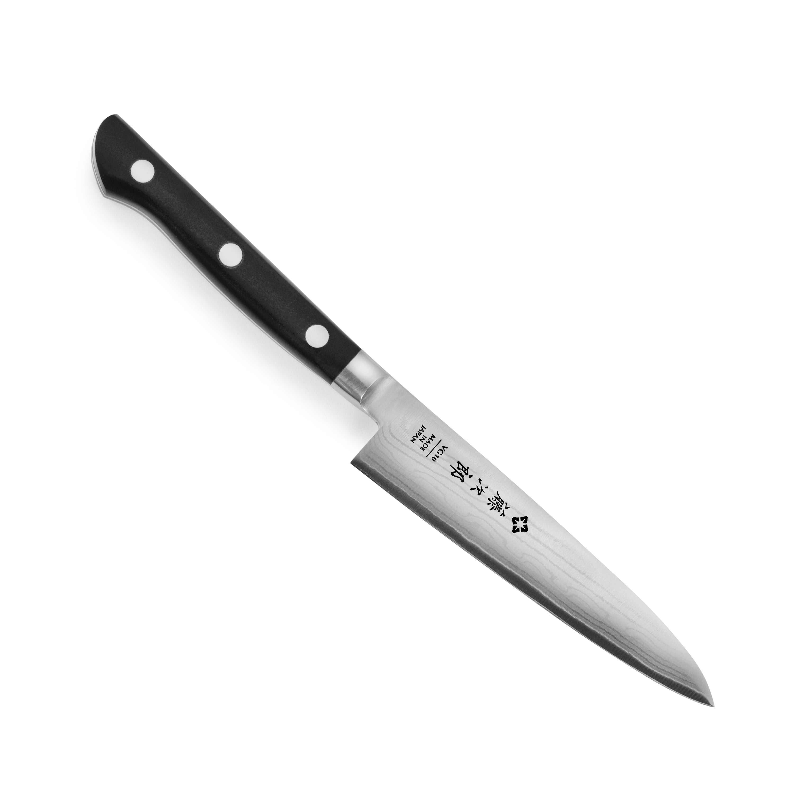 Tojiro Premium Damascus Utility Knife with detailed blade pattern and Micarta handle