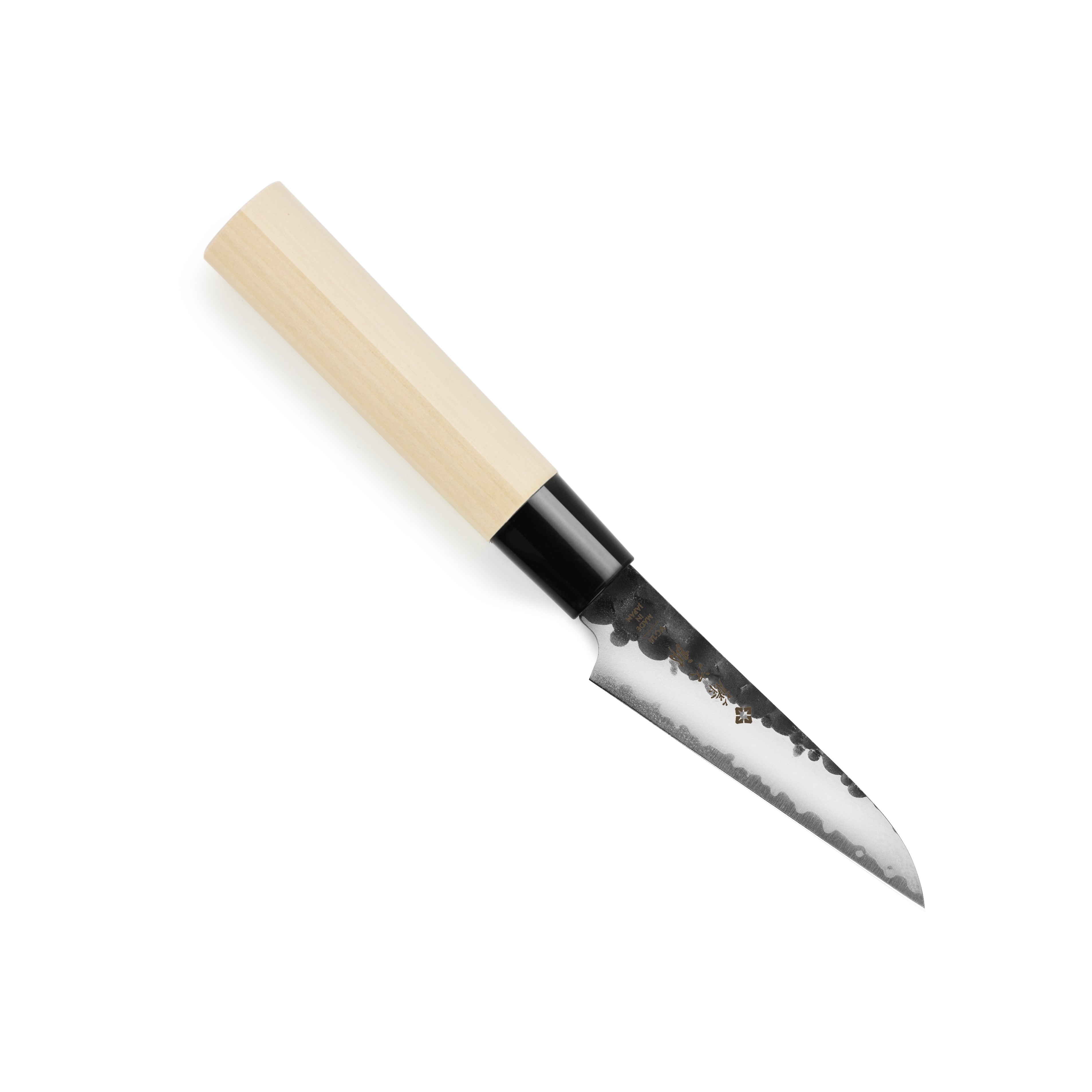 Close-up view of the Tojiro VG-10 Hammered Petty Knife, highlighting the hammered blade and handle.