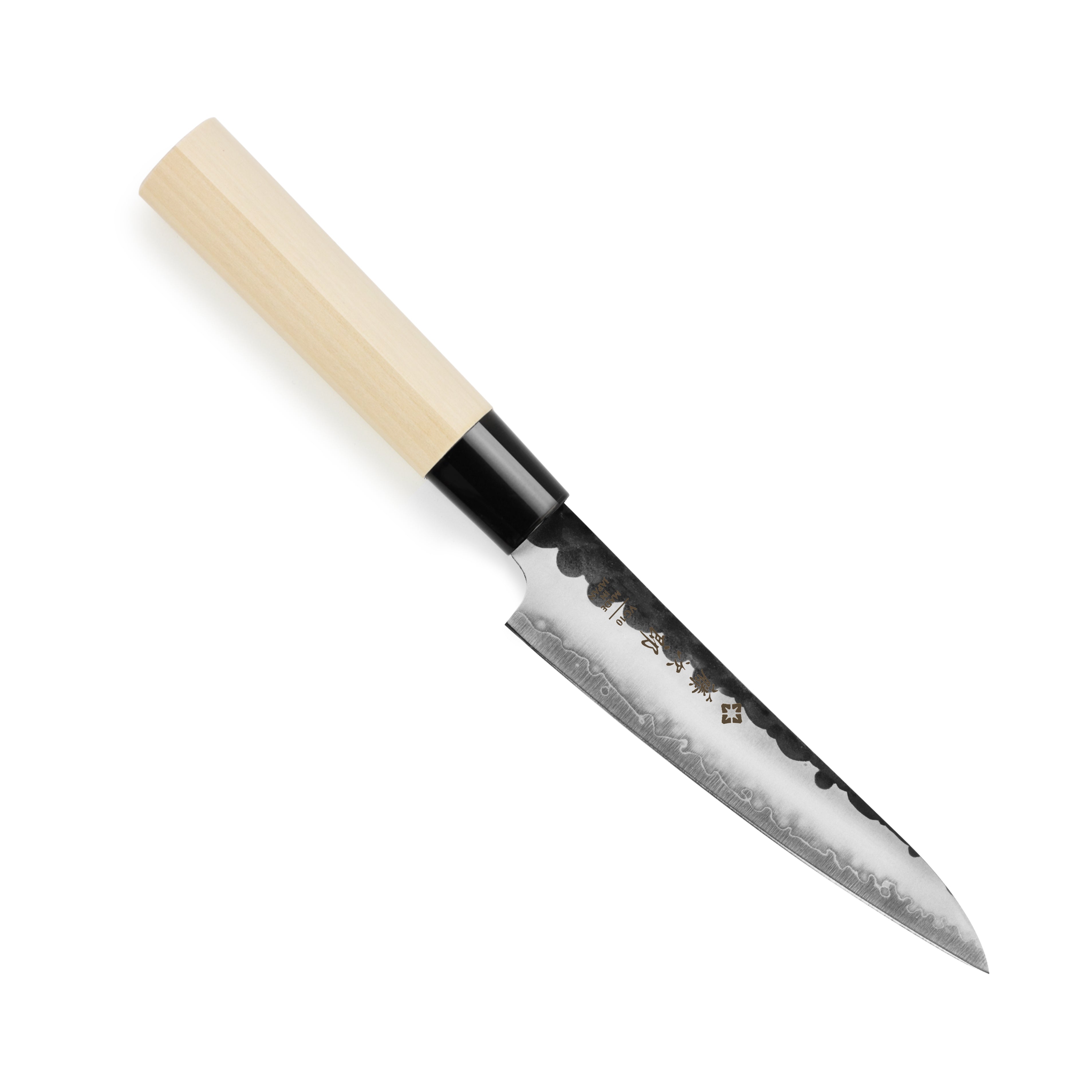 Tojiro Hammered Petty Knife 5-inch showcasing the hammered texture and Kurouchi finish, perfect for precision cutting.