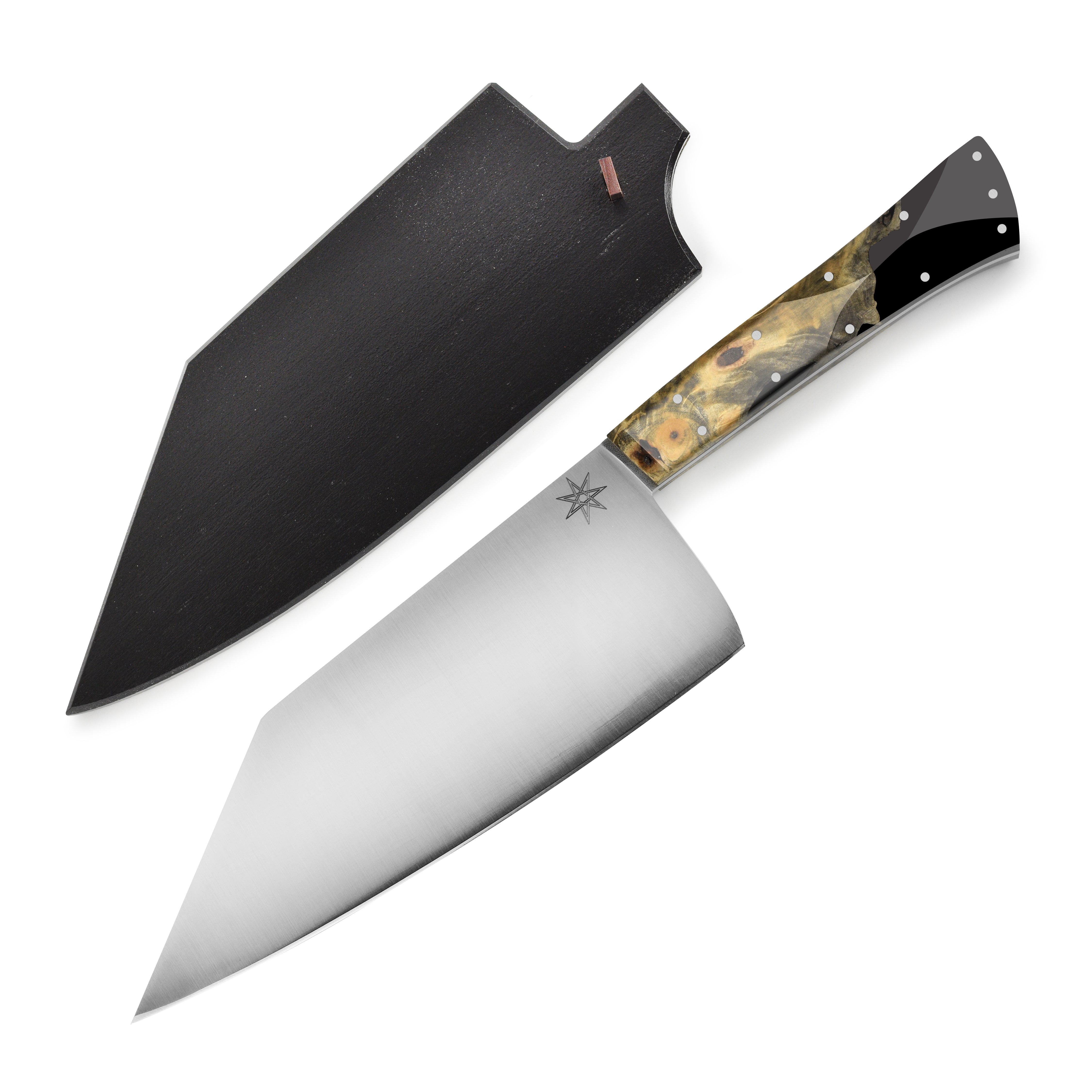 Desert Dawn chef knife with live-edge buckeye burl handle and stainless steel blade from an angle.