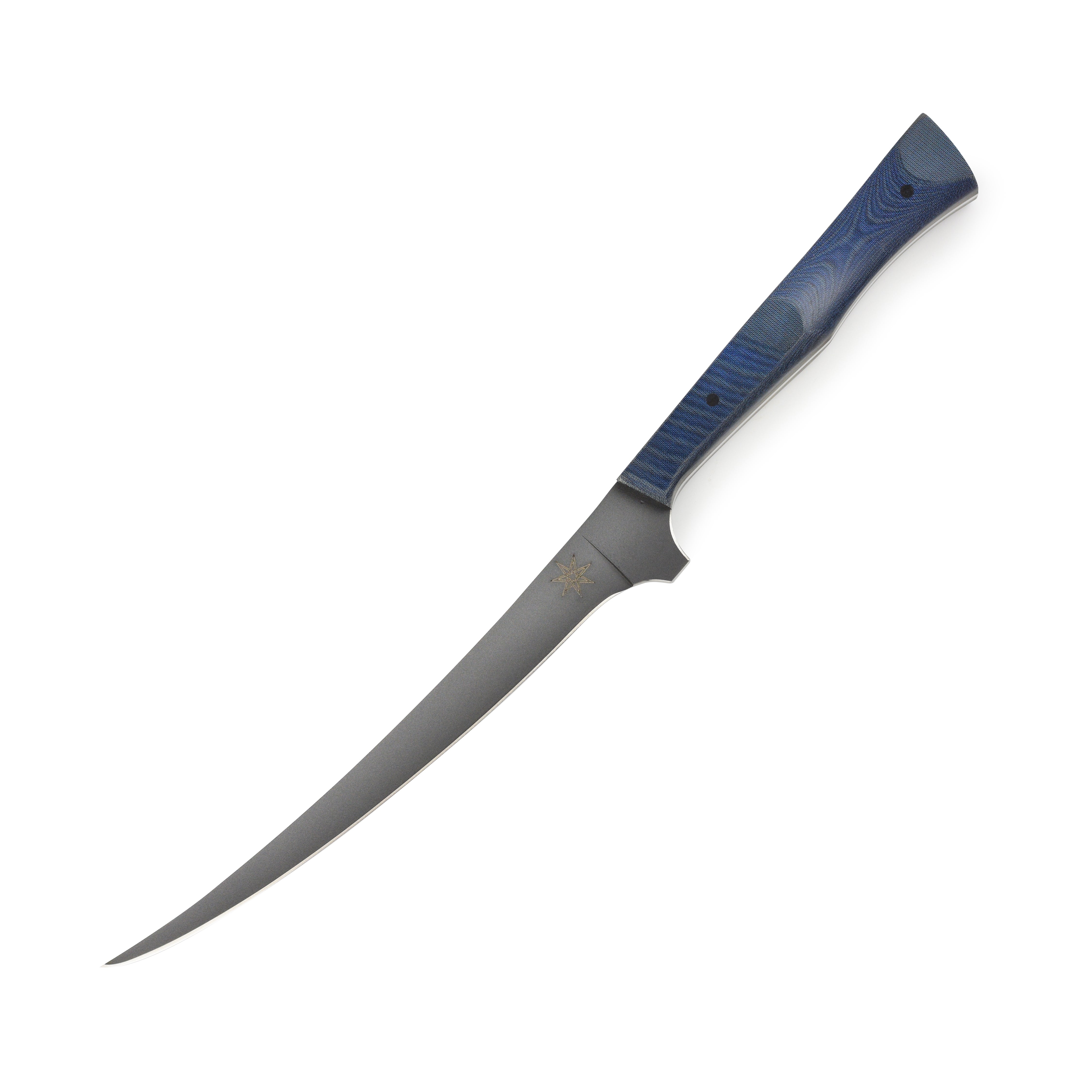 Angled view of the Town Cutler eXo Blue 6-inch boning knife showing the curved blade and handle design