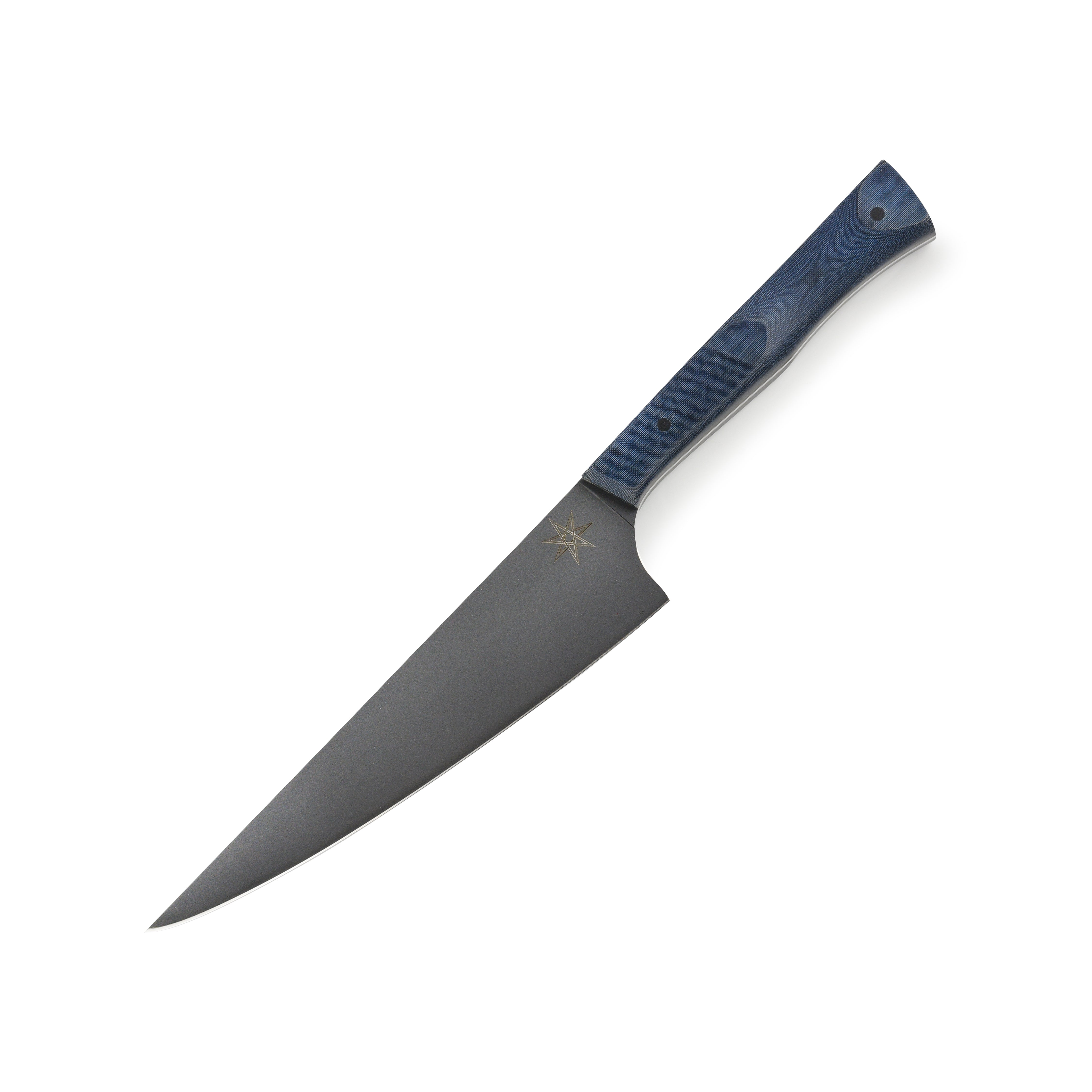 Front view of the Town Cutler eXo Blue 6-inch utility knife with stainless steel blade and micarta handle