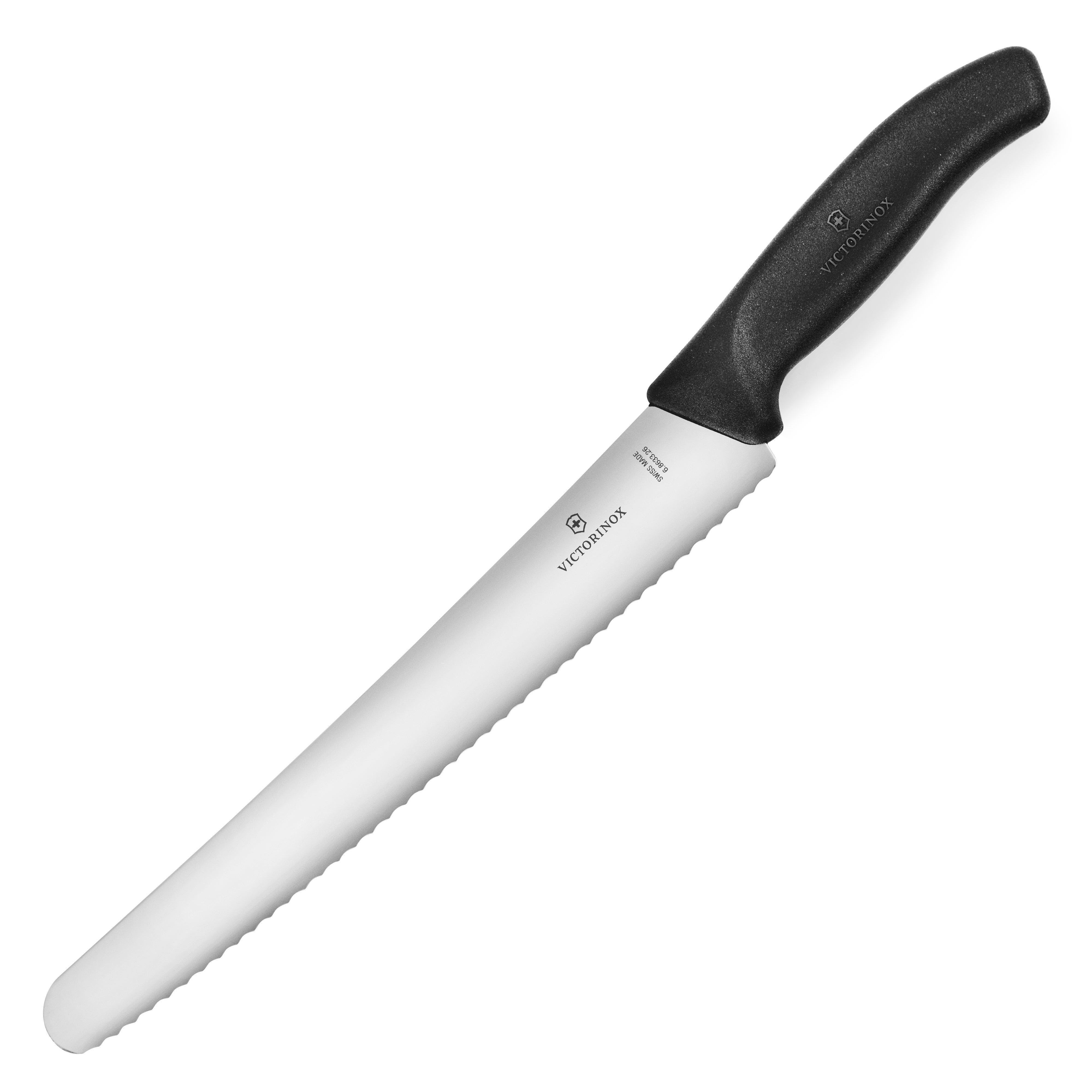 Victorinox Swiss Classic Bread Knife from the side, showcasing the blades sharpness and Fibrox handle.