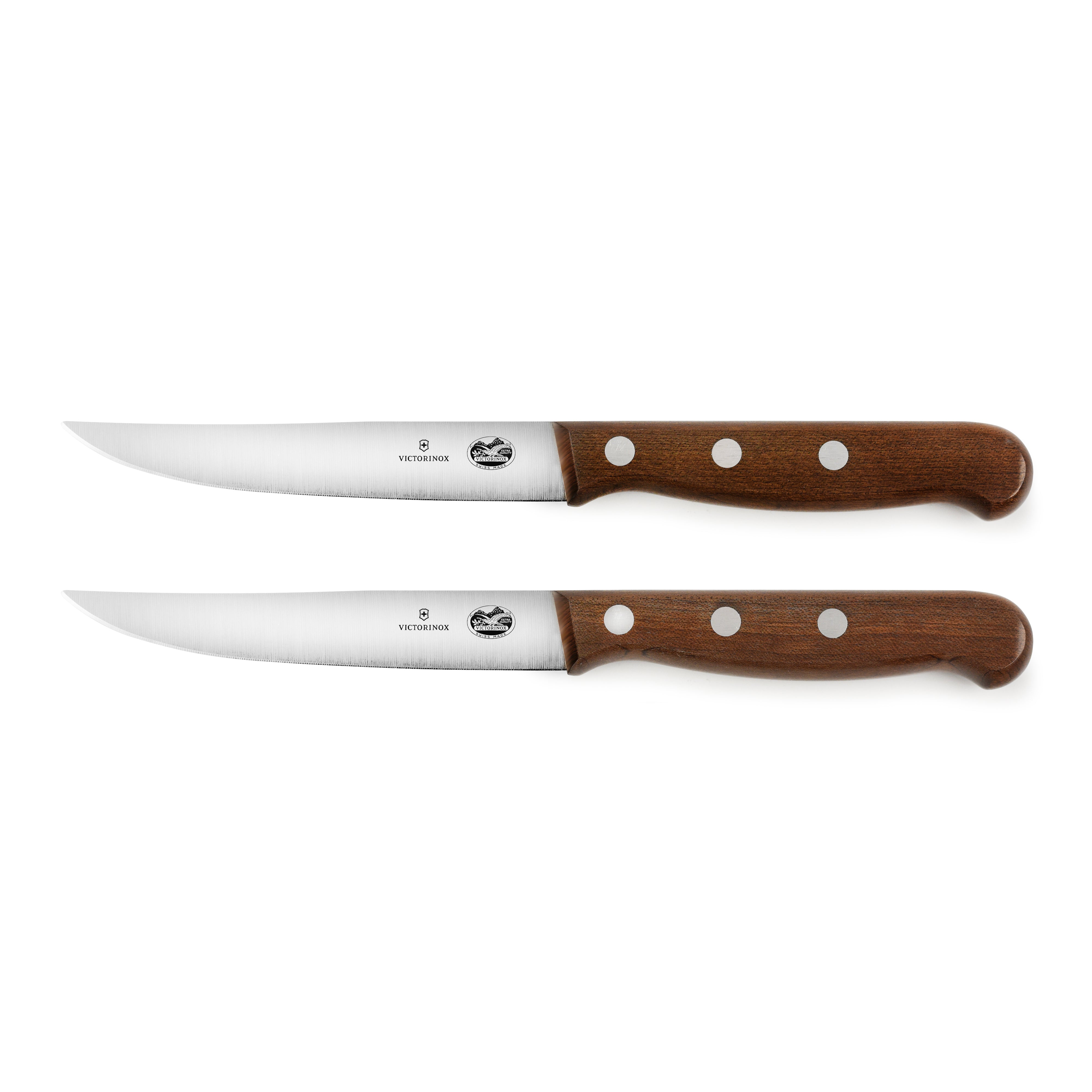 Victorinox steak knife set featuring sharp stainless steel blades and ergonomic maple wood handles.