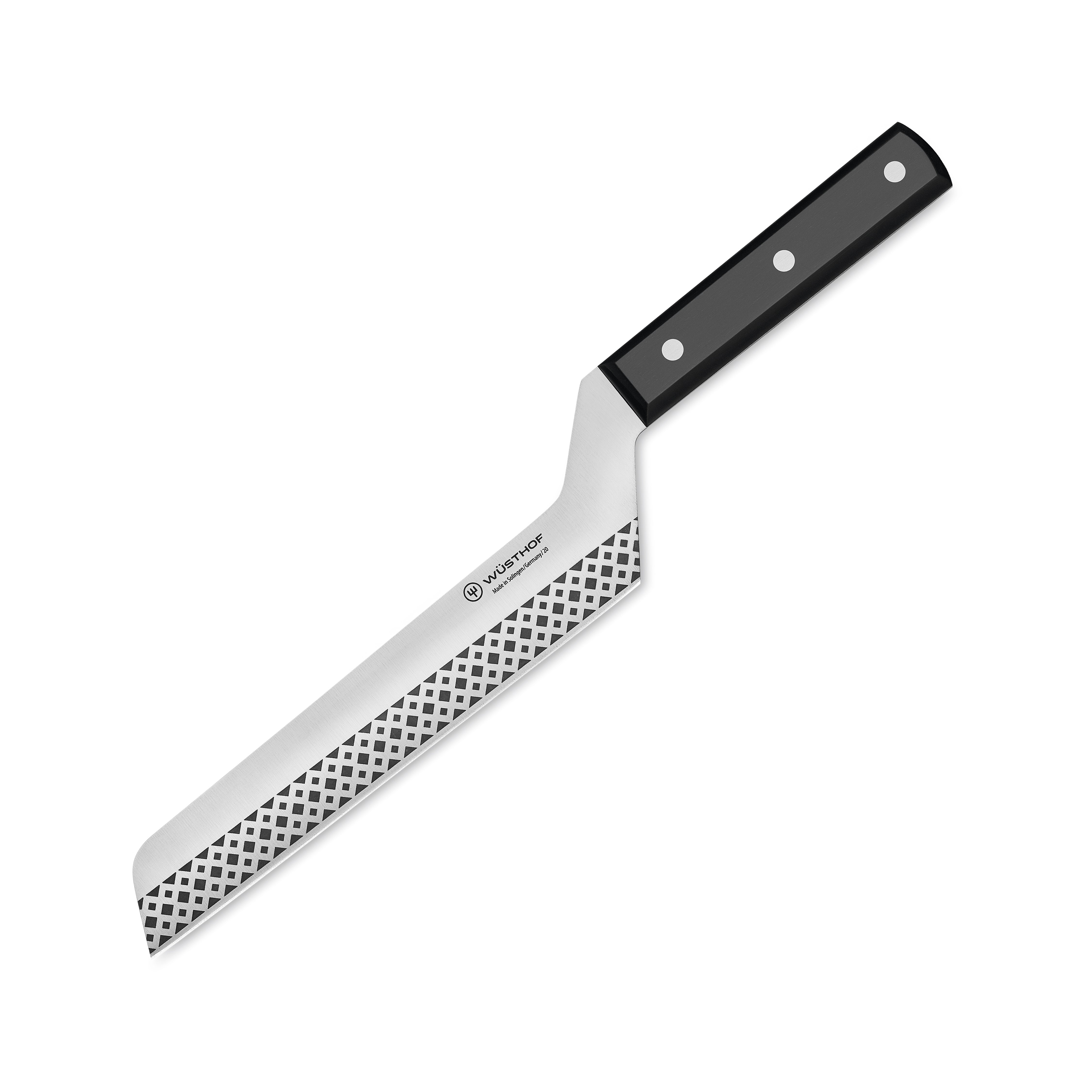 Full view of the cheese knife highlighting its polished stainless steel blade.