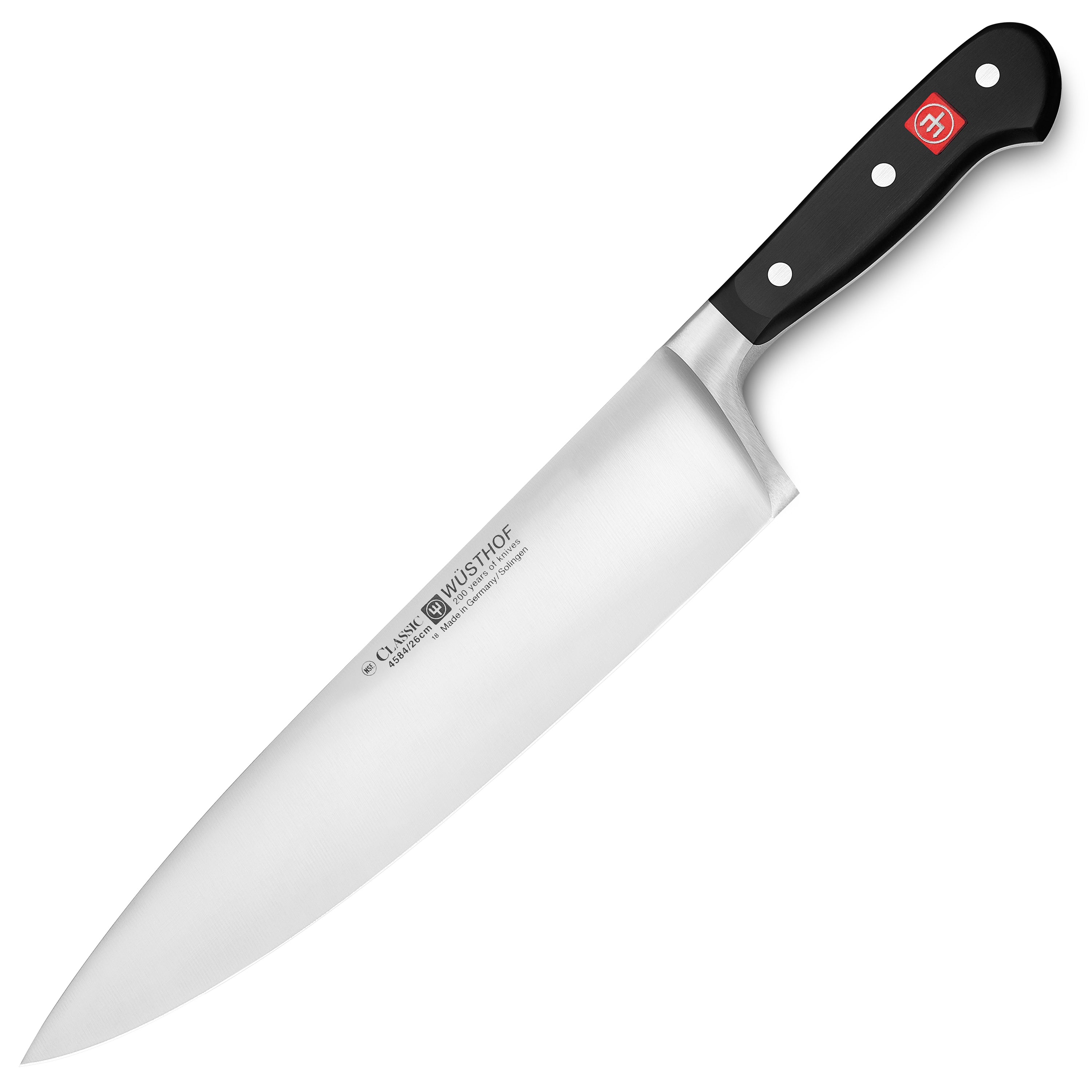 Side view of the German kitchen knife showing full tang and triple-riveted handle