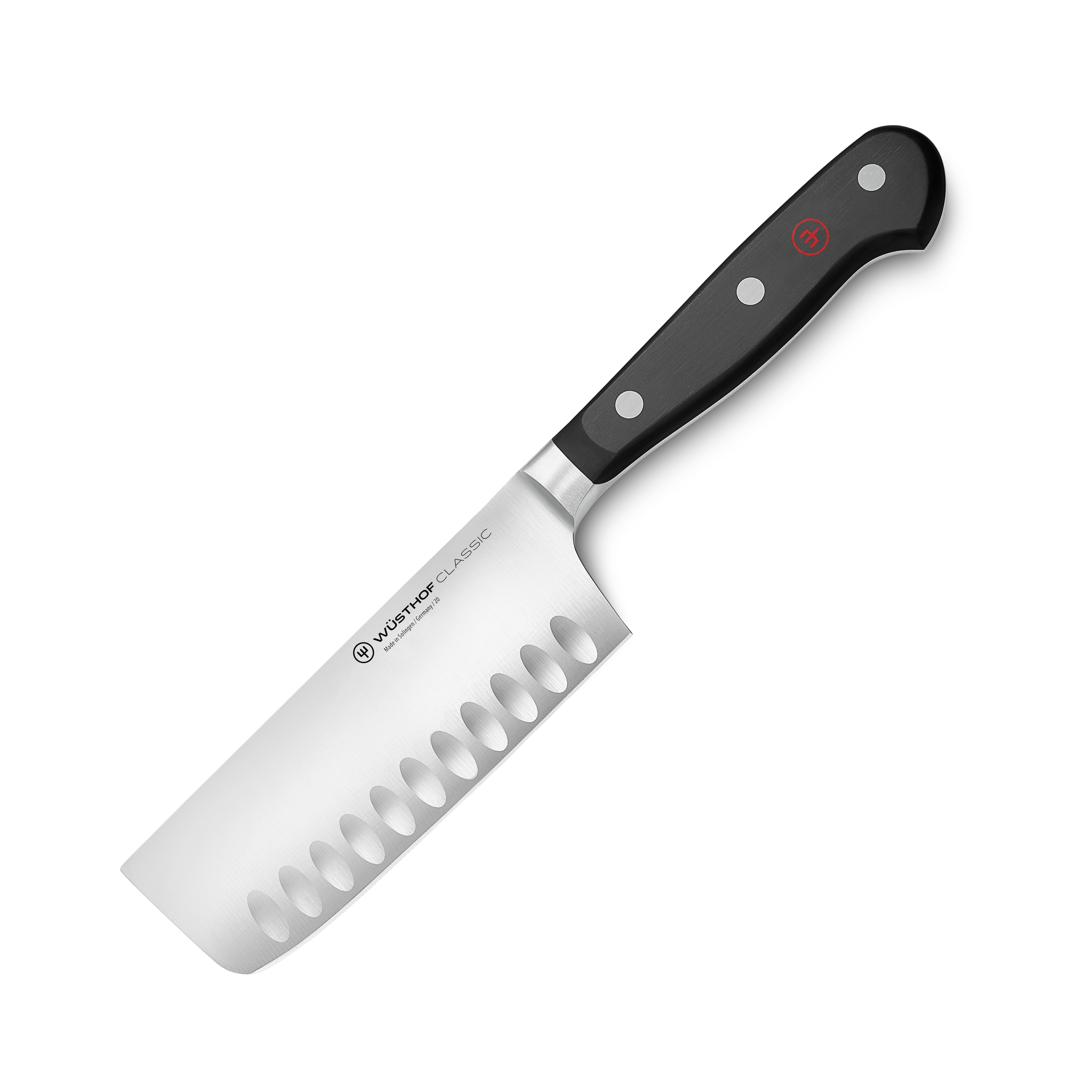 Angled view of the Wusthof Nakiri knife showing its hollow edge for reduced drag