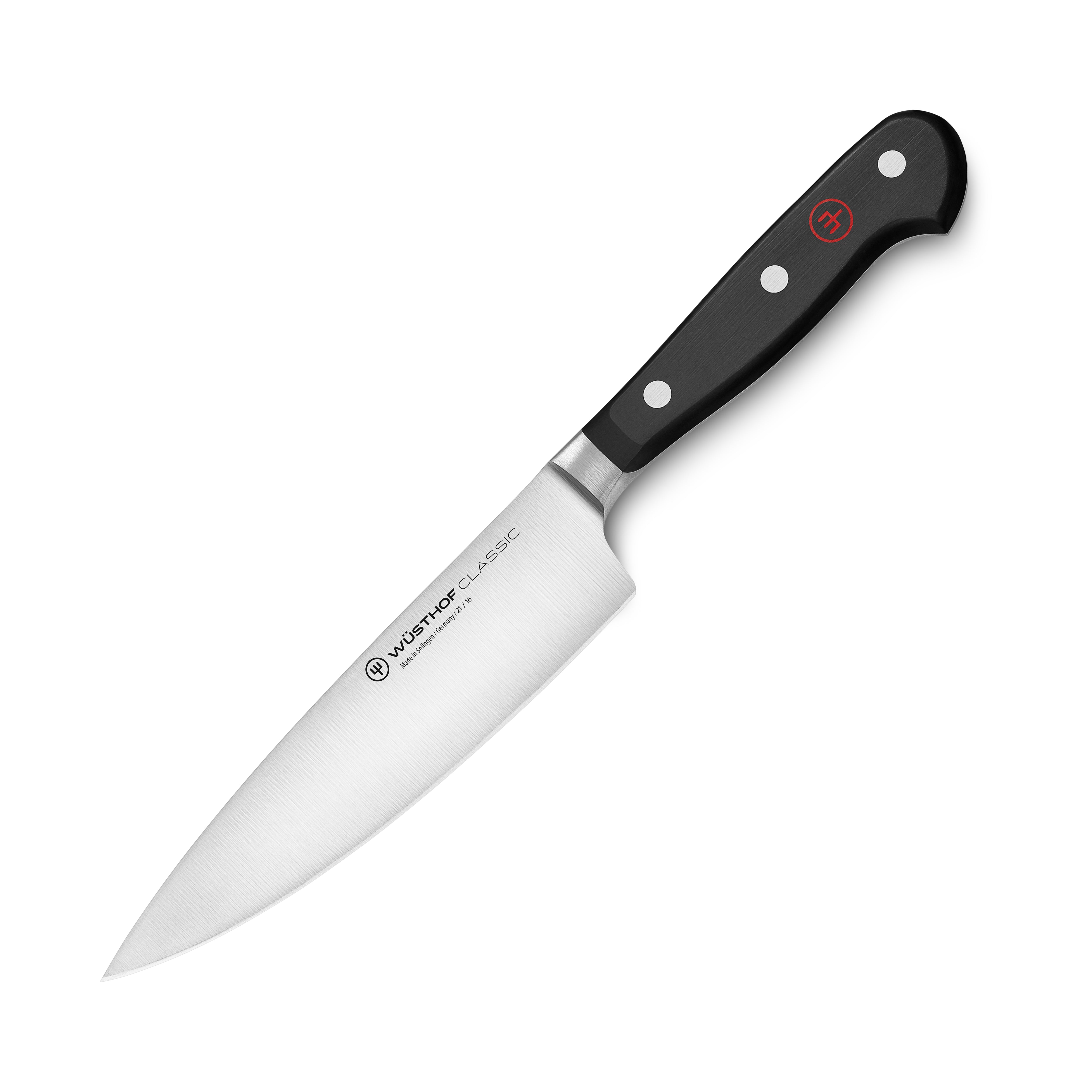 Wusthof Classic 6-Inch Chefs Knife angled view highlighting the sharp blade and ergonomic handle.