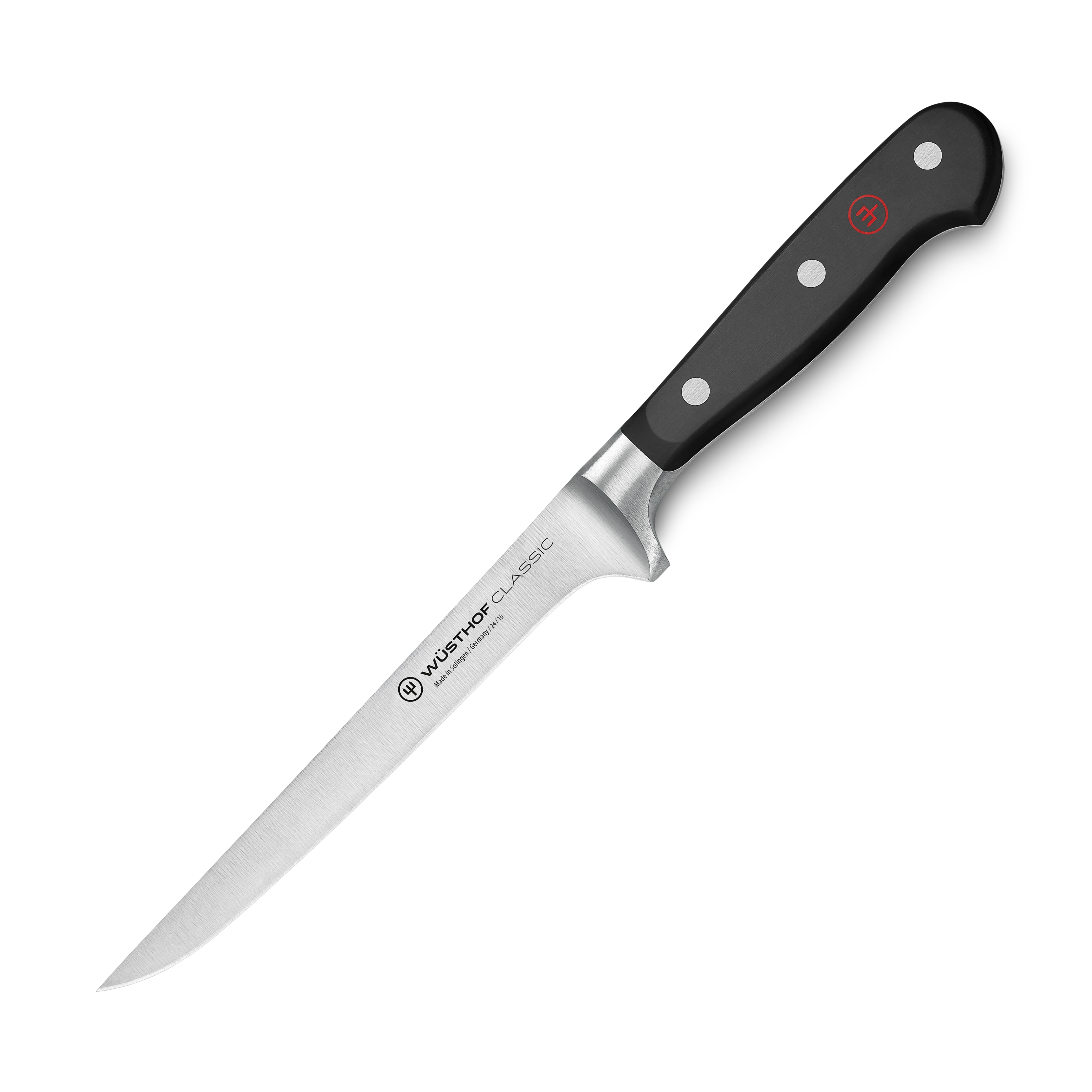 Close-up of the Wusthof Classic 6-Inch Flexible Boning Knife blade and handle.