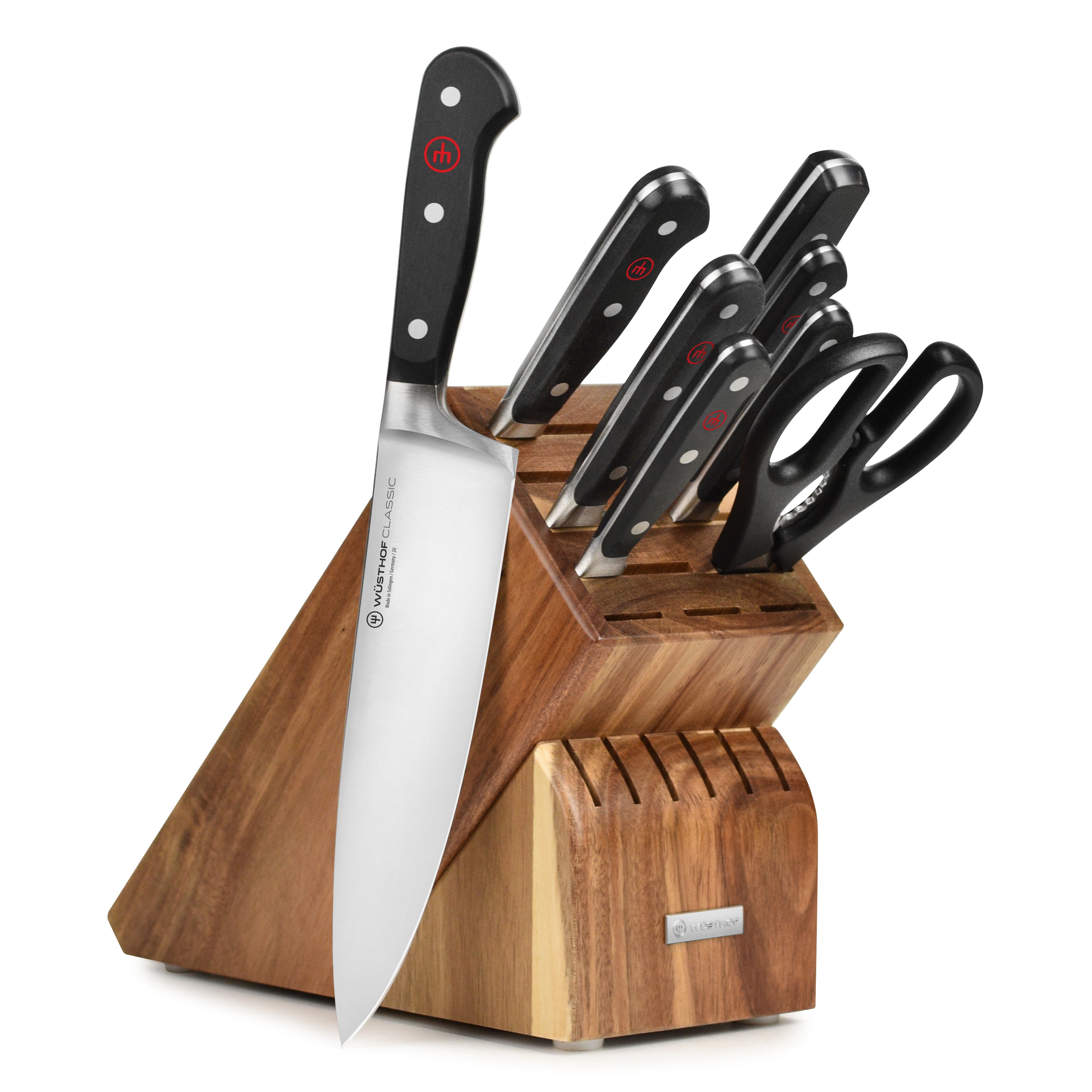 Wusthof Classic knife set arranged in acacia block, highlighting the elegant design and durability.