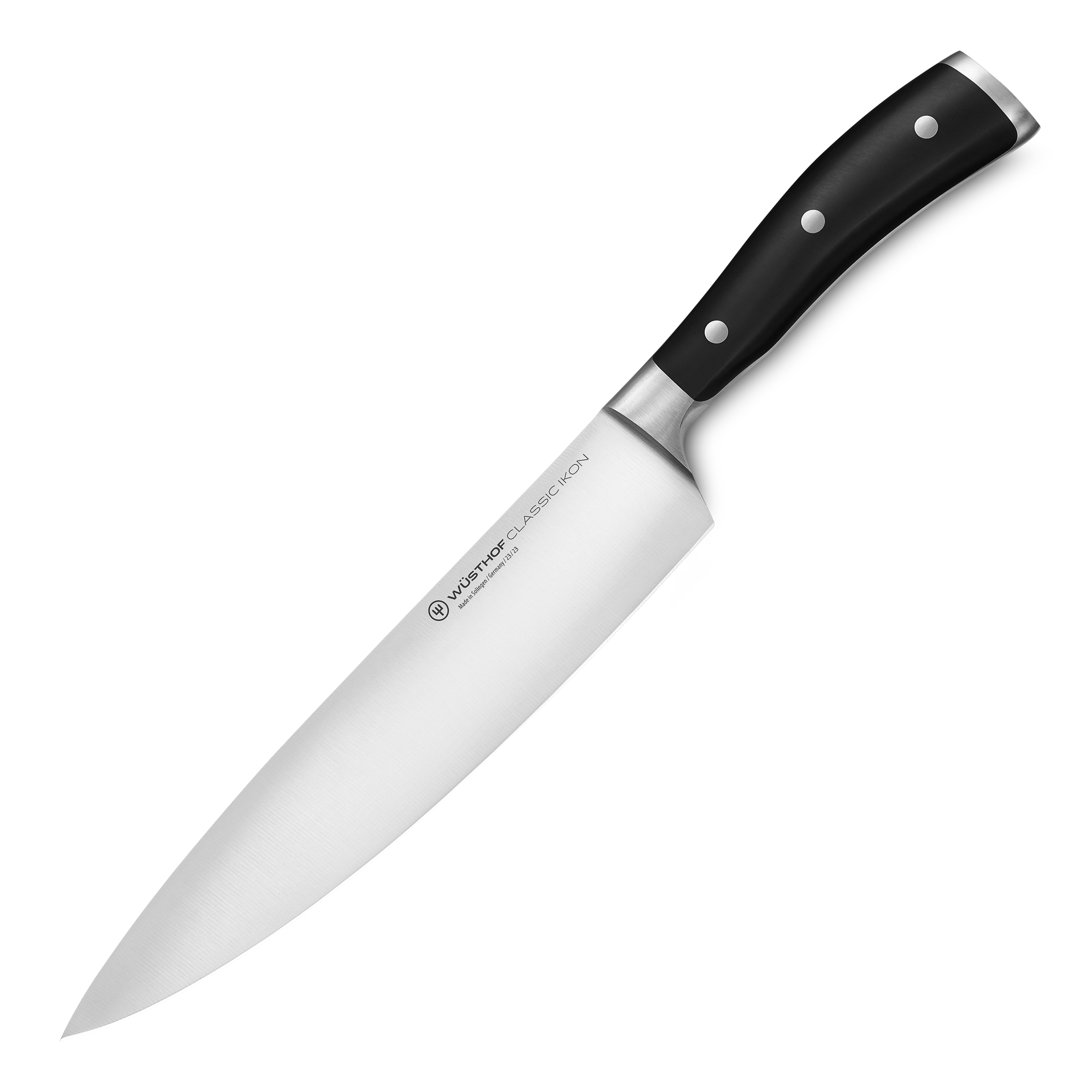 Side profile of Wusthof Classic Ikon 9-inch chef’s knife showing precision edge blade