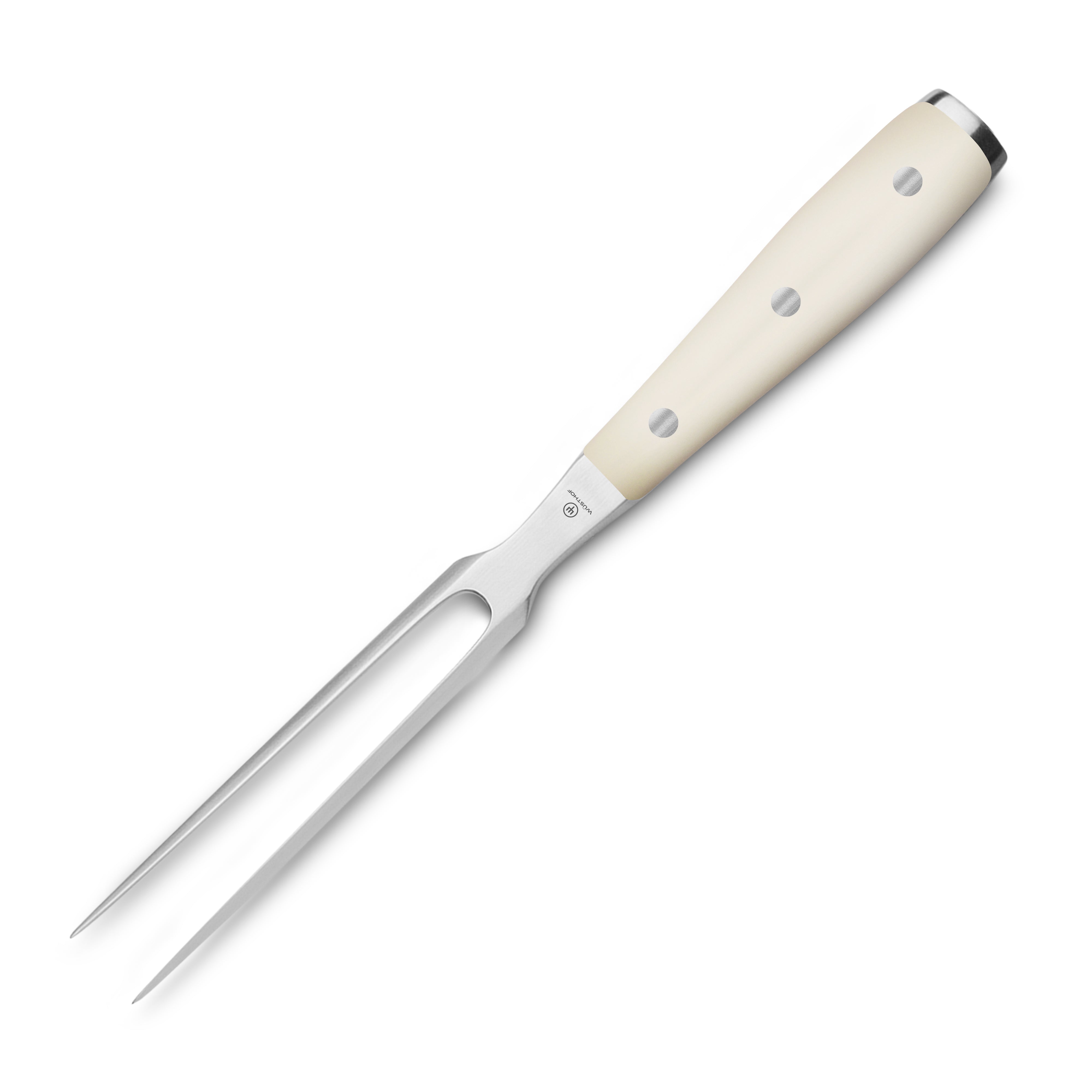 Side view of Wusthof Classic Ikon Creme carving fork next to roast beef