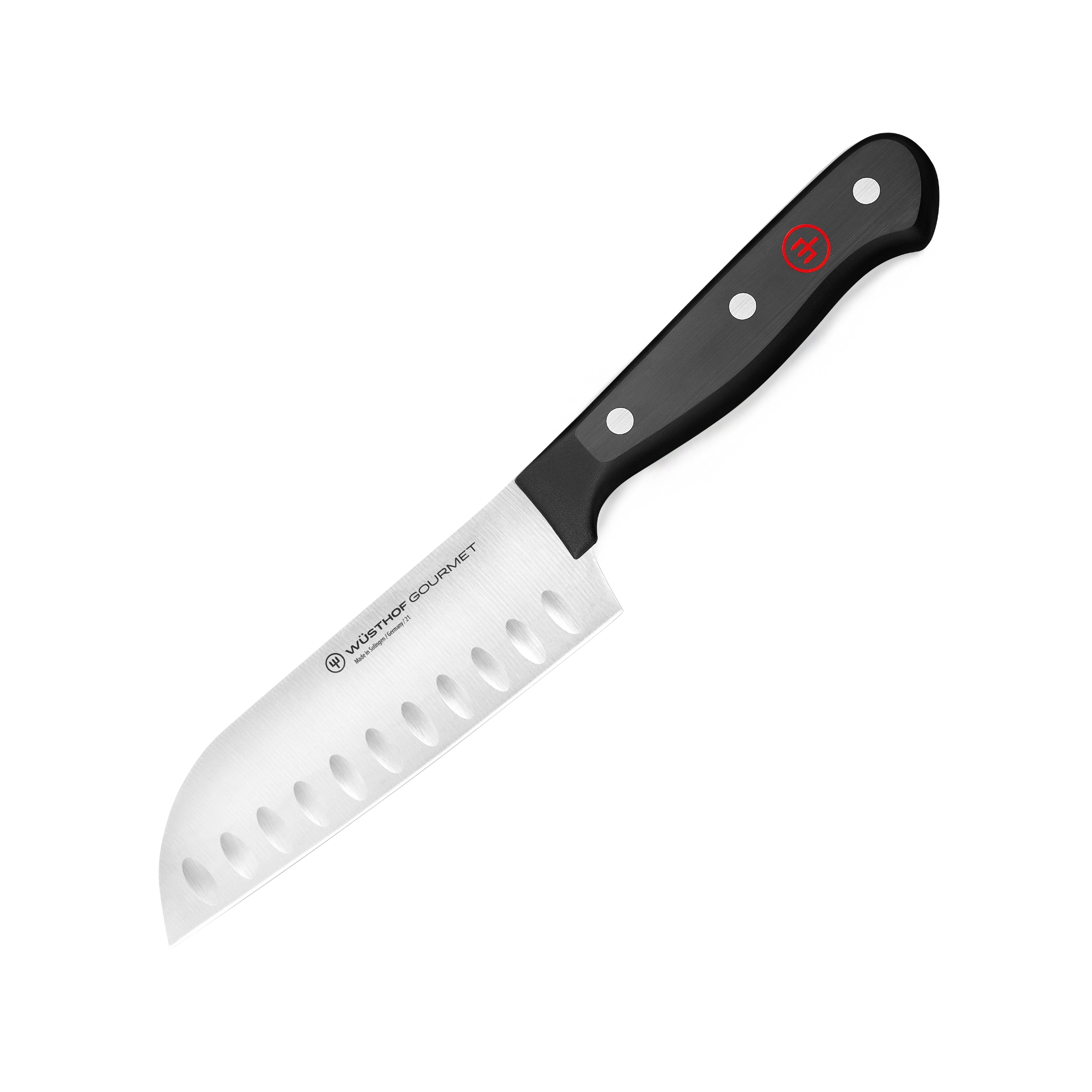 Close-up of Wusthof Gourmet 5-Inch Hollow Edge Santoku Knife showing the sharp blade and handle.