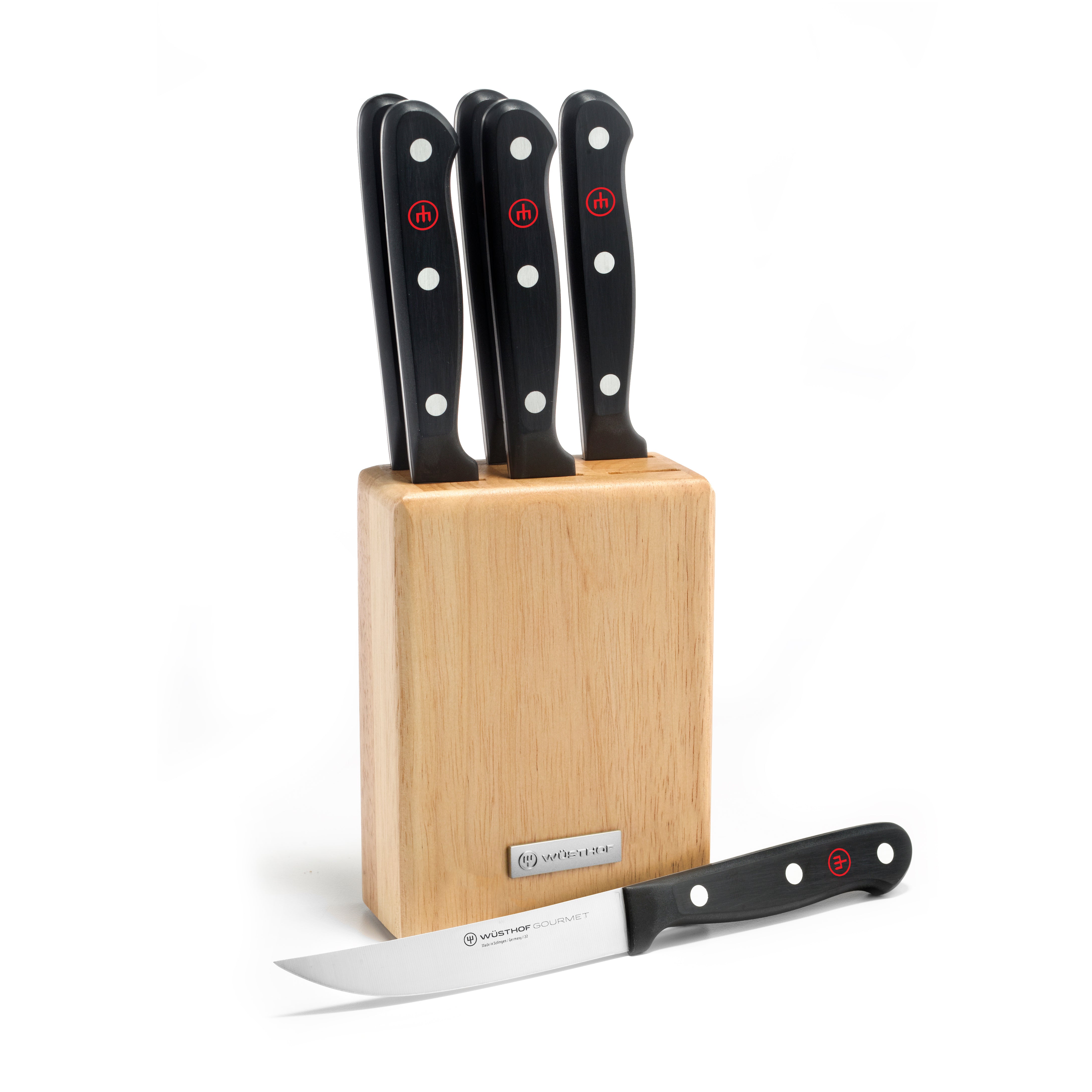 Close-up of the Wusthof gourmet steak knives highlighting the sharp blade and ergonomic handle.