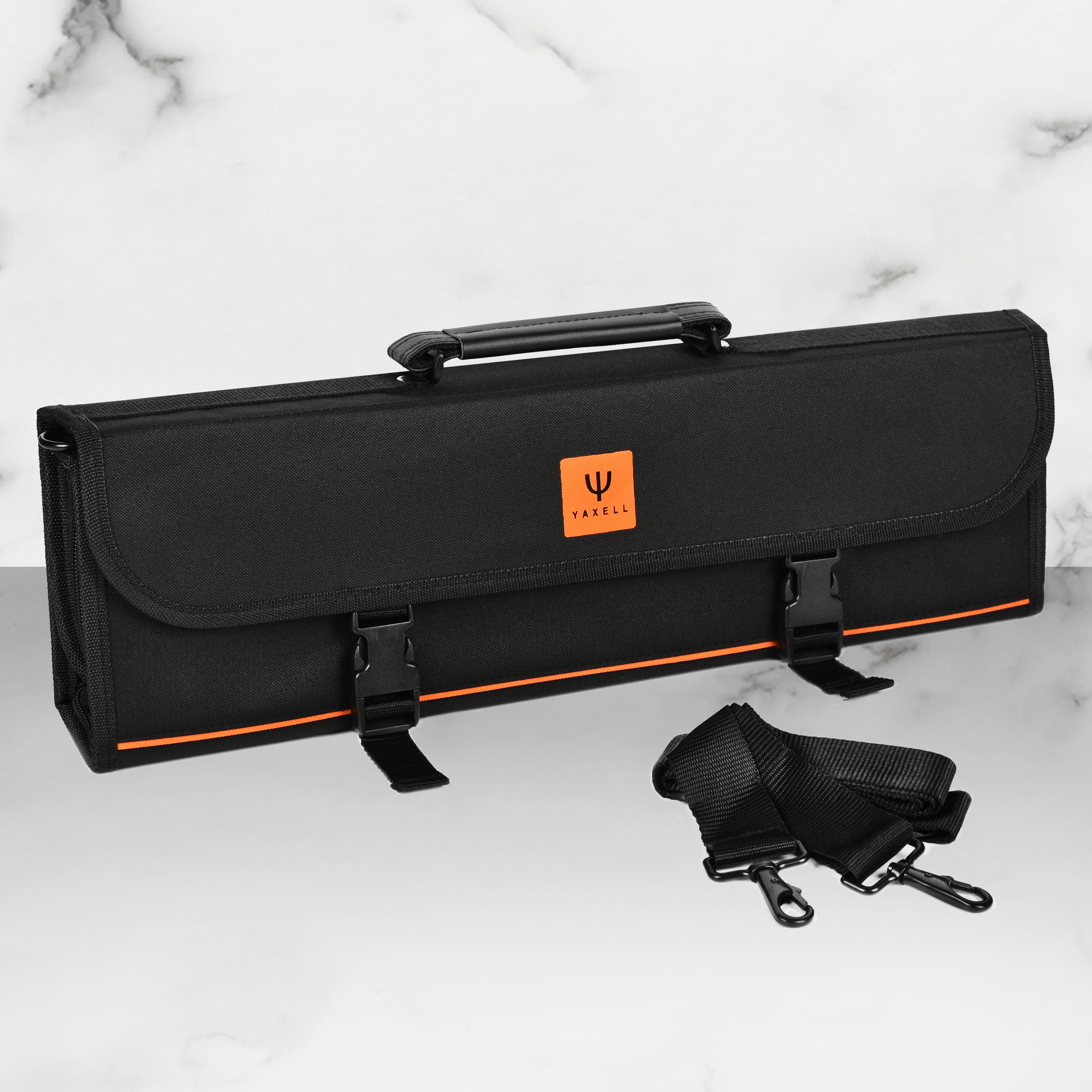 Yaxell 10-pocket knife storage case showcasing durable materials and leather handle.