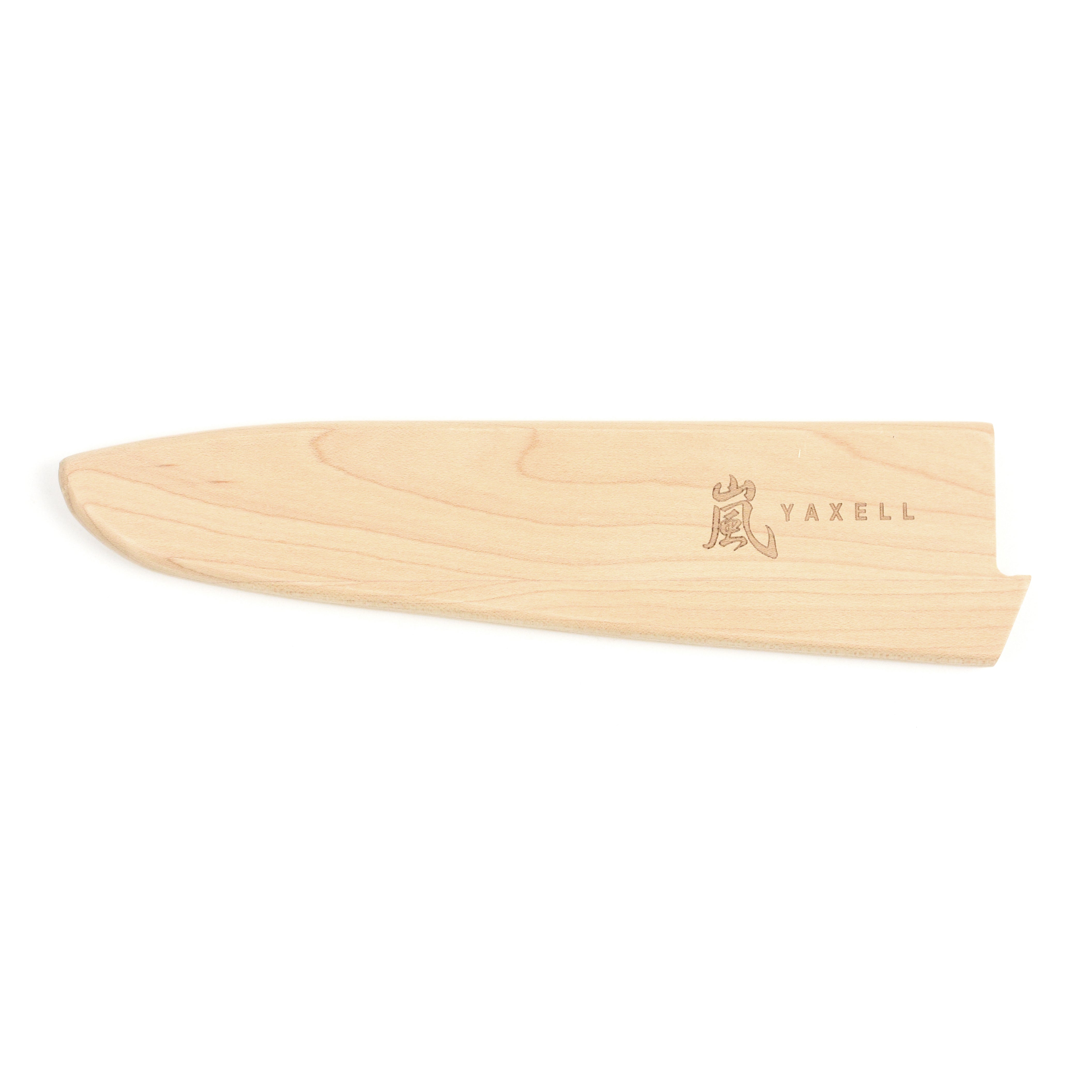 Close-up of Yaxell wooden knife sheath showcasing magnetic closure and beechwood texture.