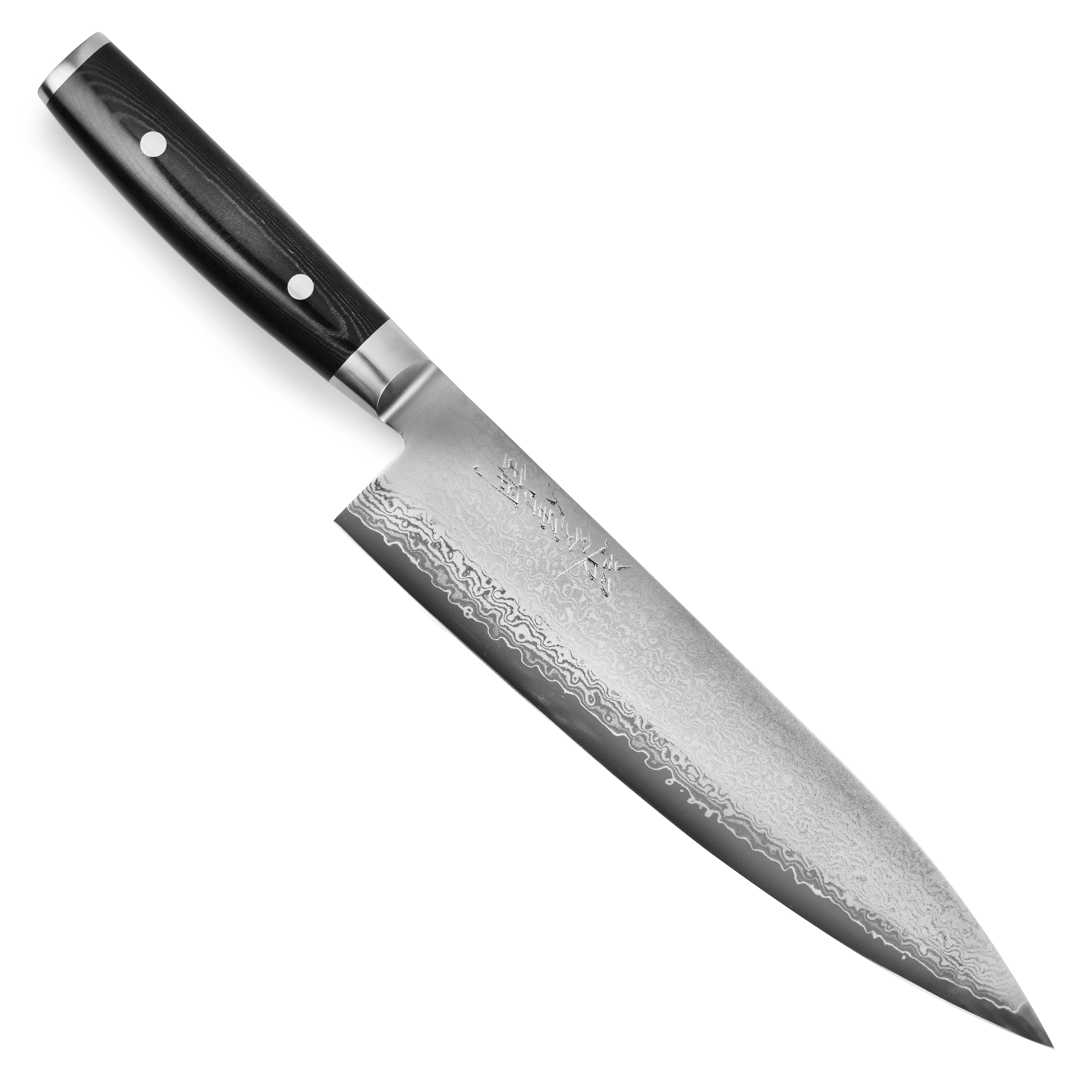 Yaxell Ran Plus 9.5" Damascus Chefs Knife with a close-up of the blade and handle.