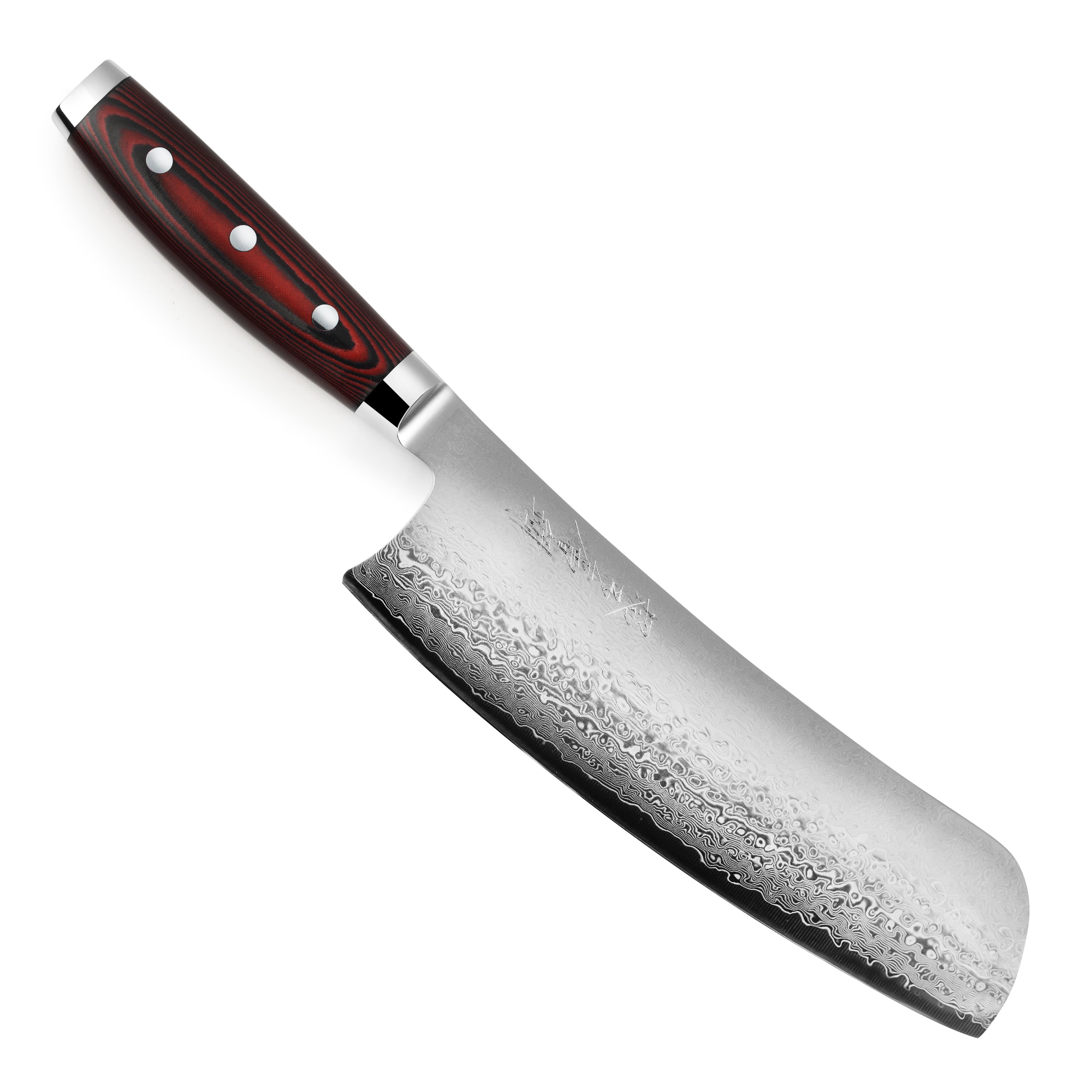 Yaxell Konata SG2 Chef Knife from a side angle, highlighting the blades detail and design.