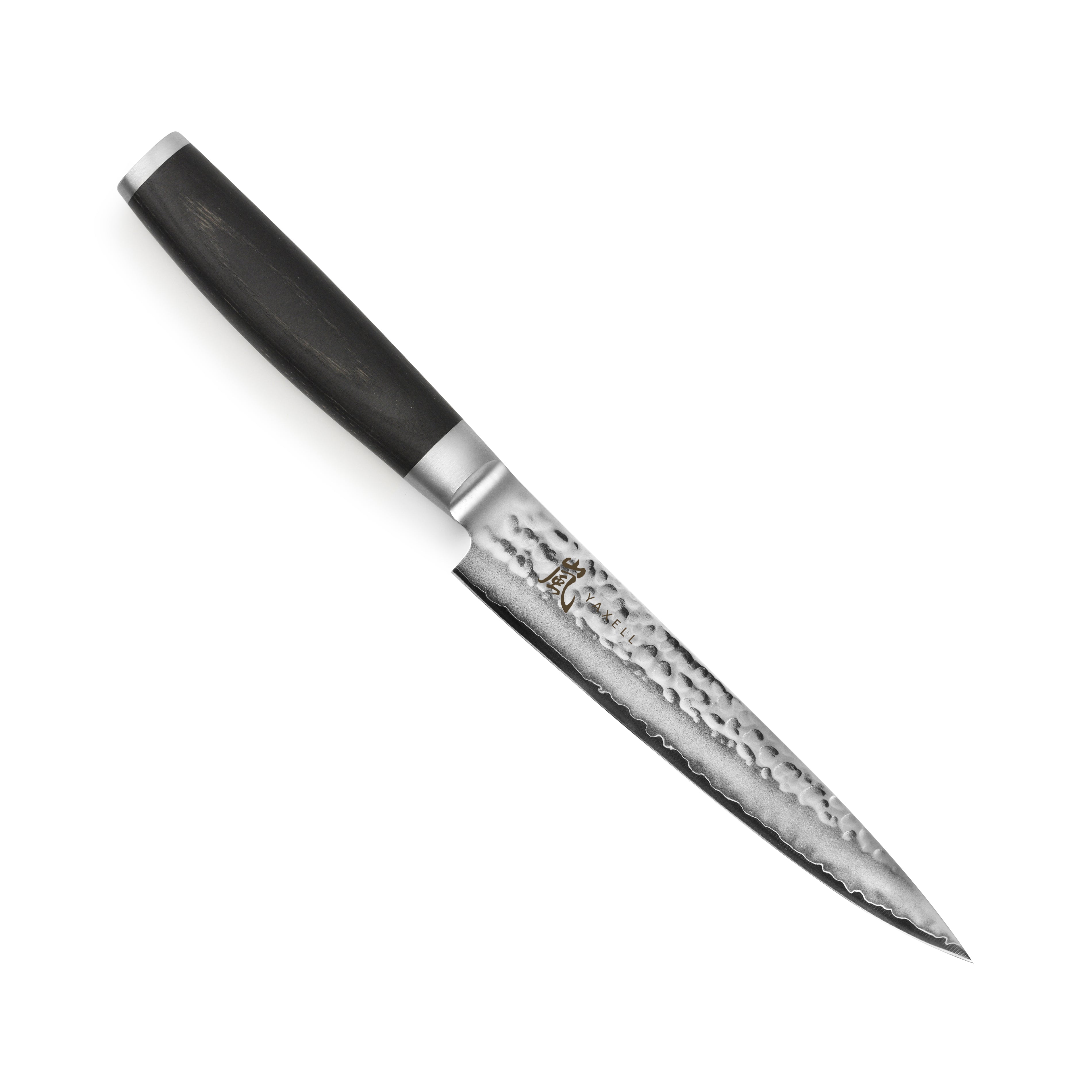 Yaxell Taishi 7 inch slicing knife showcasing its hammered finish and ergonomic handle.