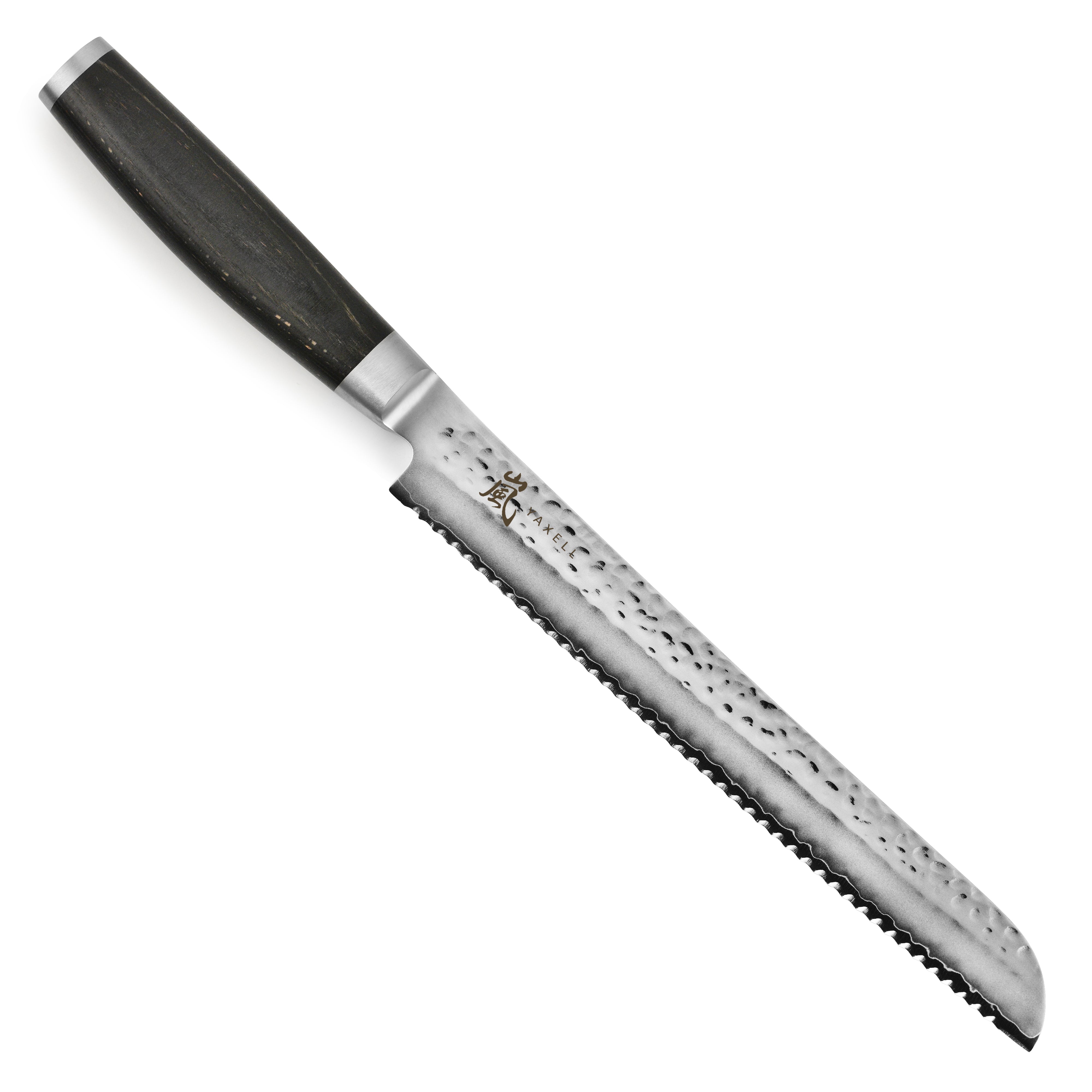 Side view of Yaxell Taishi 9-inch bread knife highlighting the hammered finish and blade angle.
