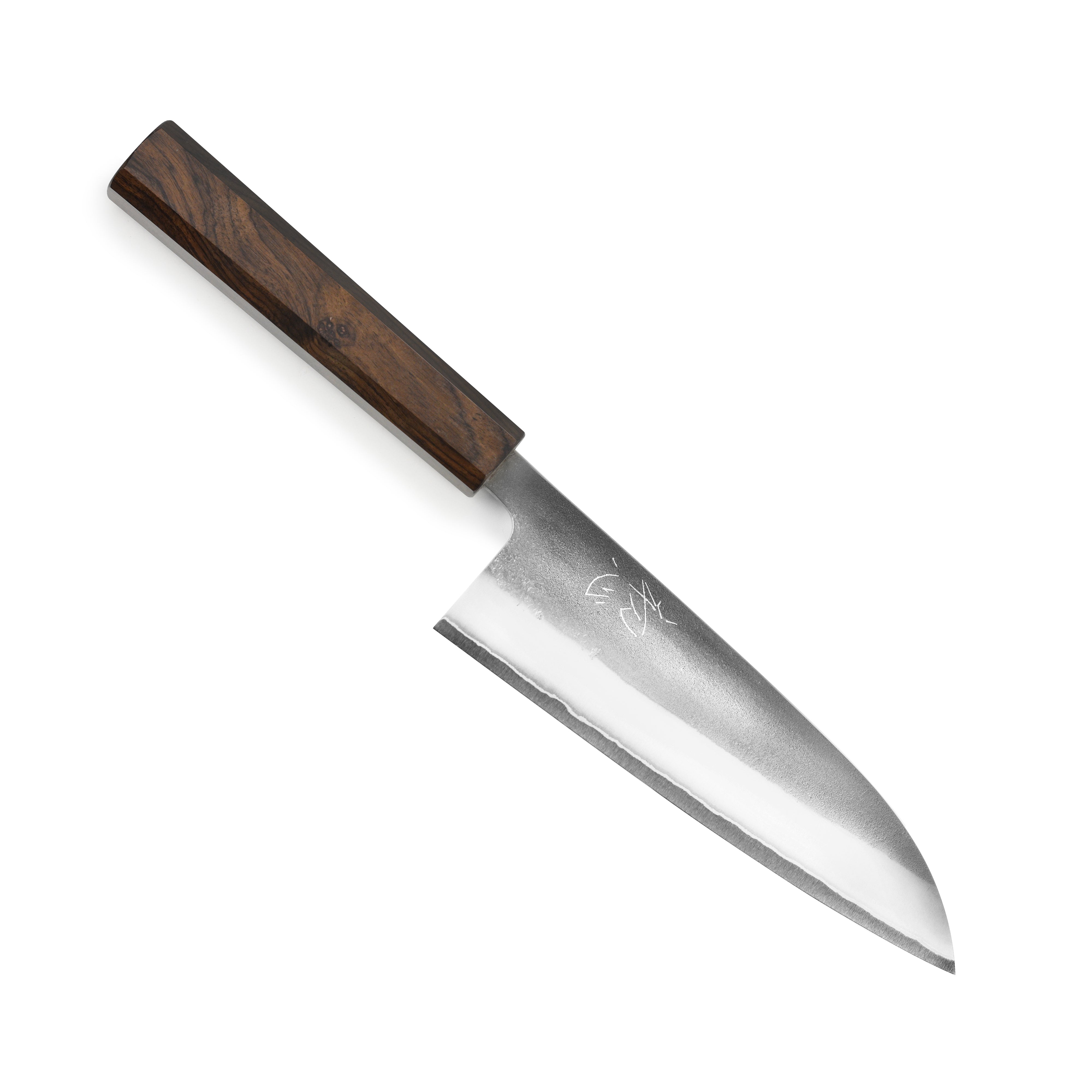 Yoshikane Shirogami Santoku knife blade close-up showing sharp cutting edge