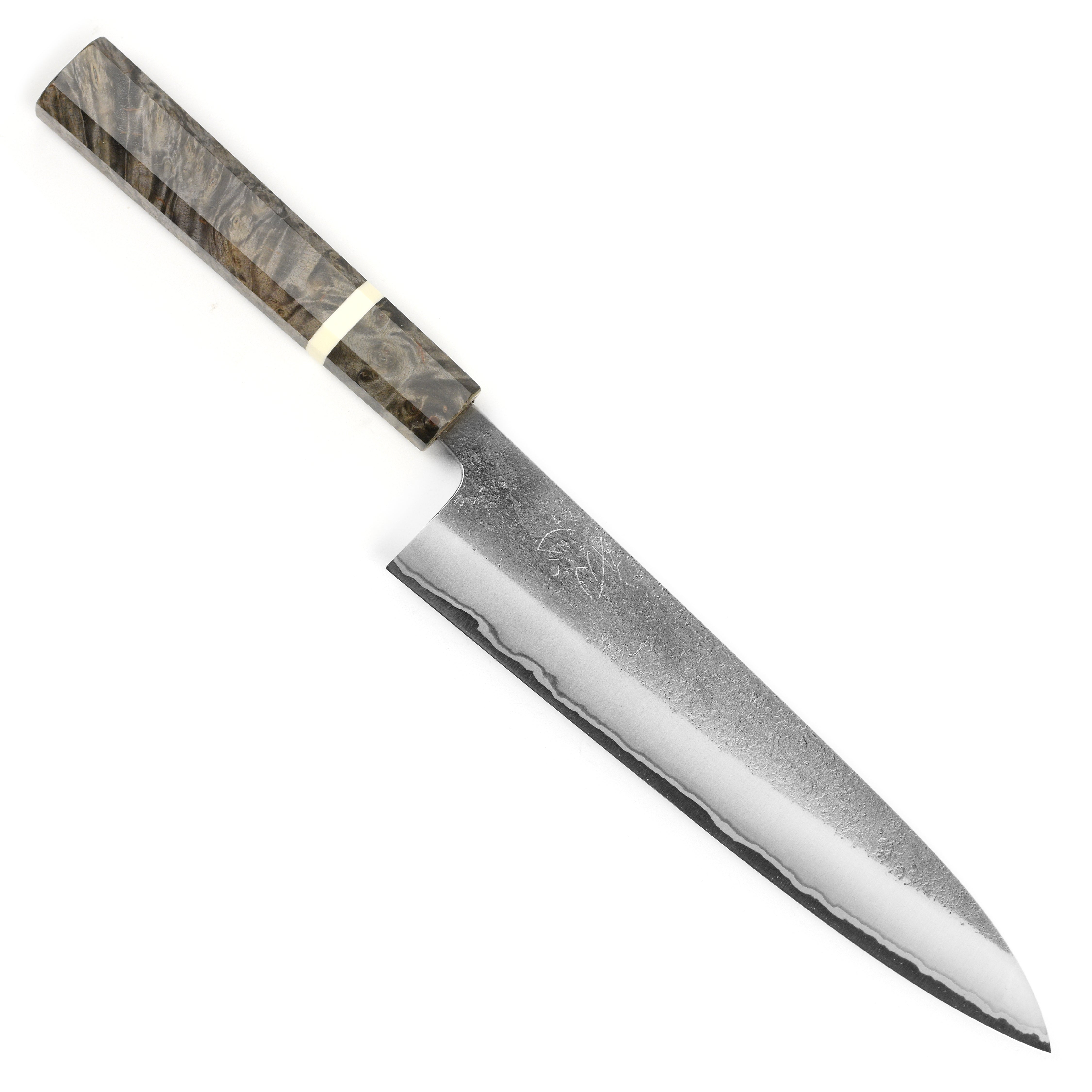 Side view of the Yoshikane Gyuto Knife with stabilized birch handle, perfect for professional chefs.