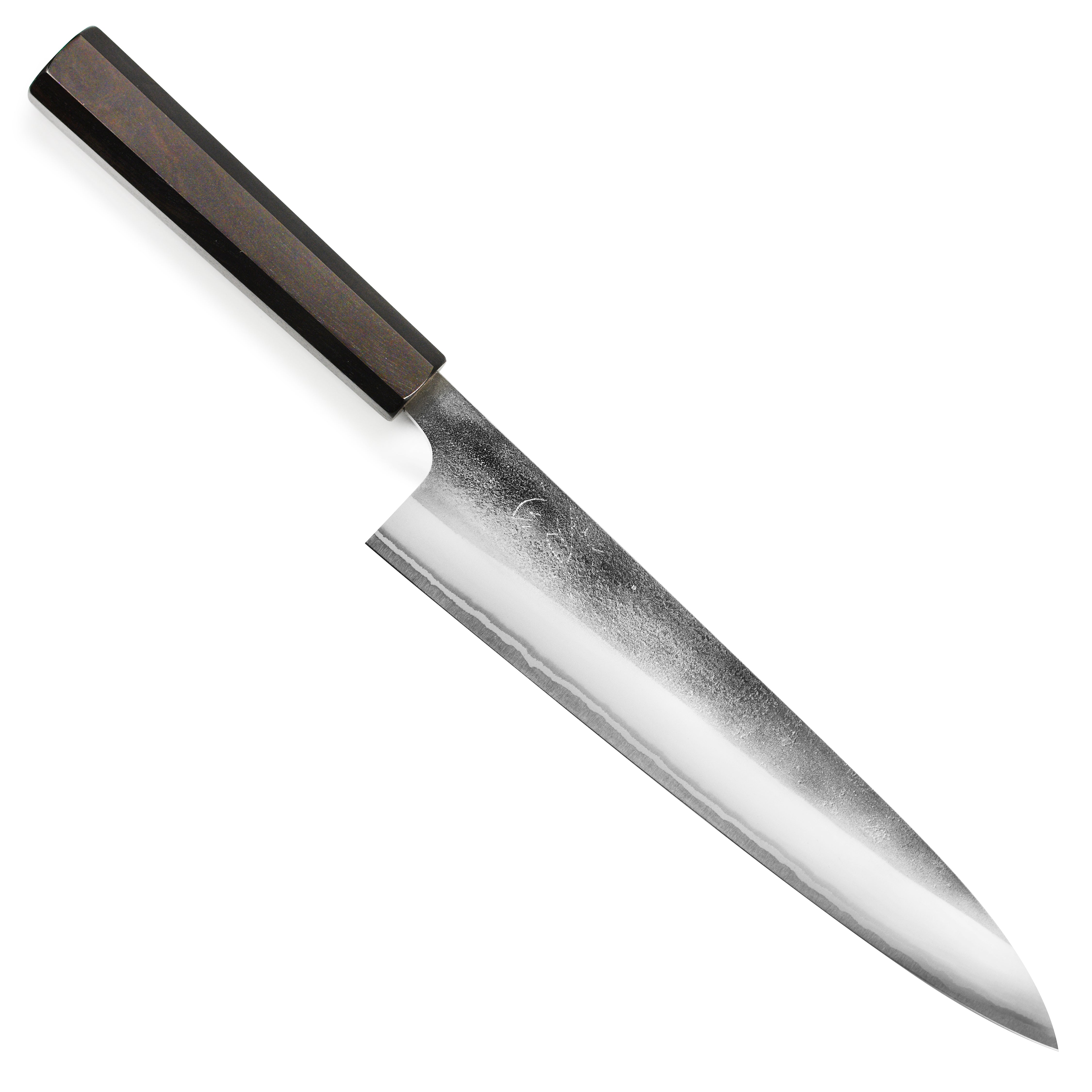 Yoshikane Shirogami #2 Nashiji gyuto chef knife with ebony handle, angled view