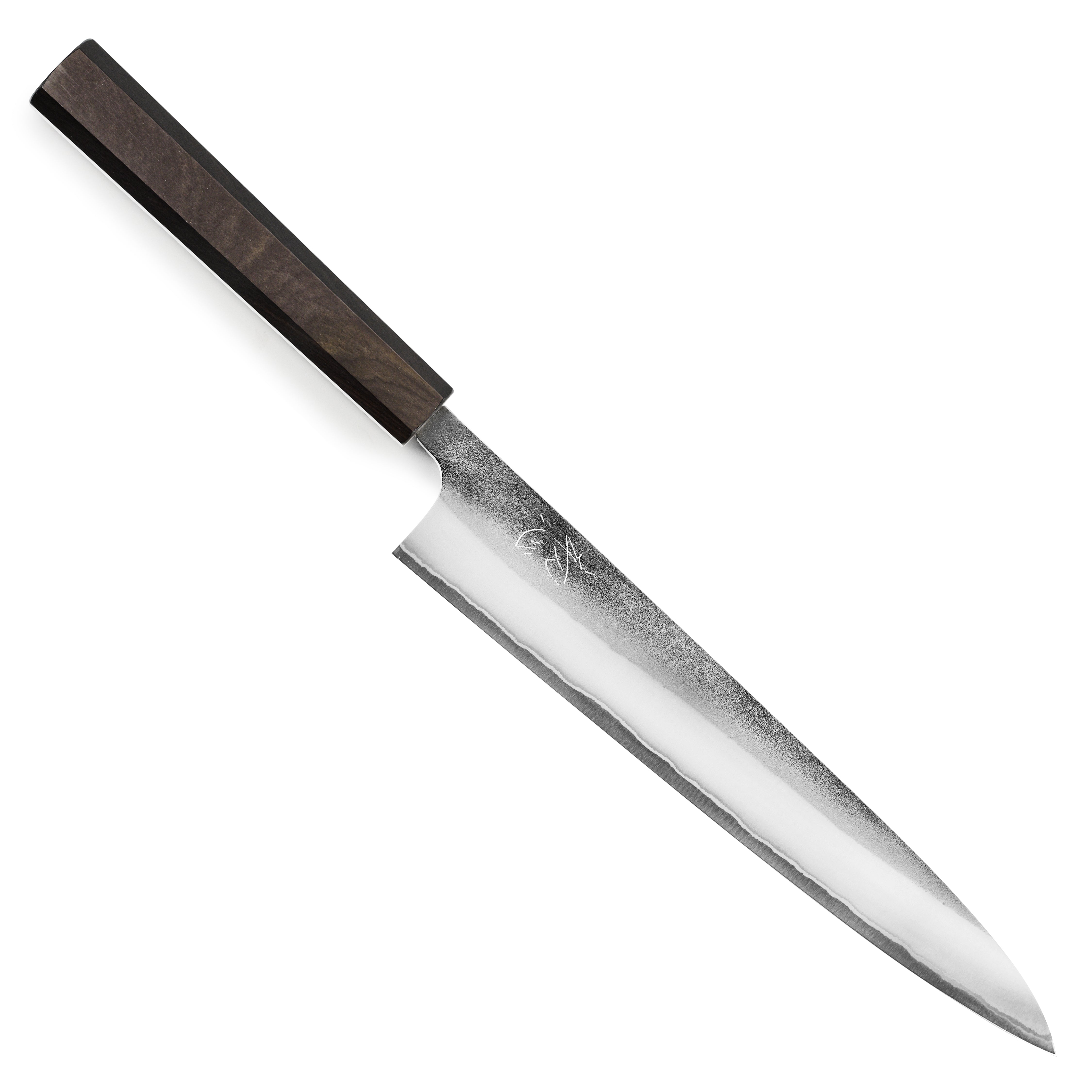 Yoshikane Shirogami #2 Nashiji stainless sujihiki knife angled for precision slicing