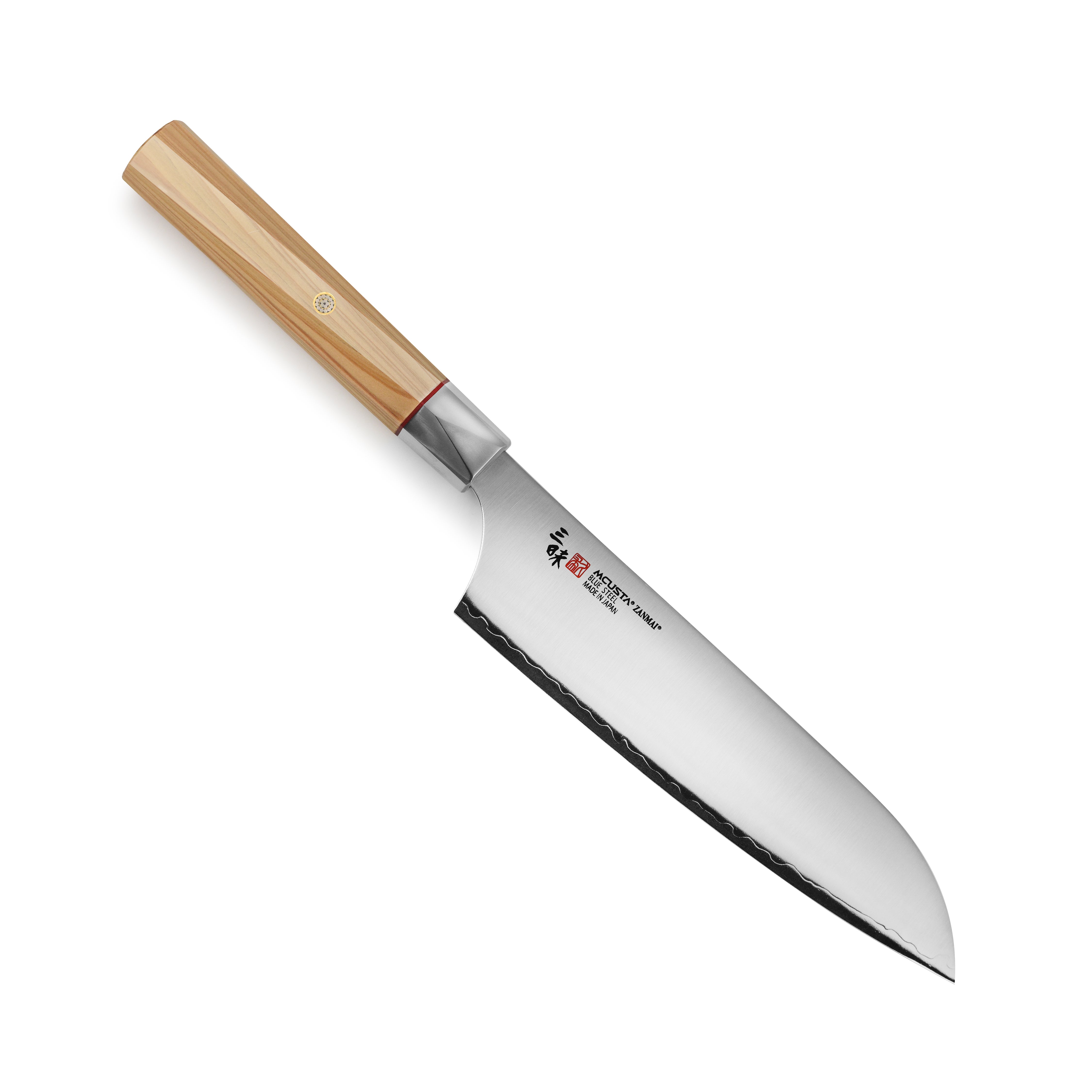 Close-up of Zanmai Beyond Aogami Super 7-inch Santoku knife showing the sharp edge and polished finish