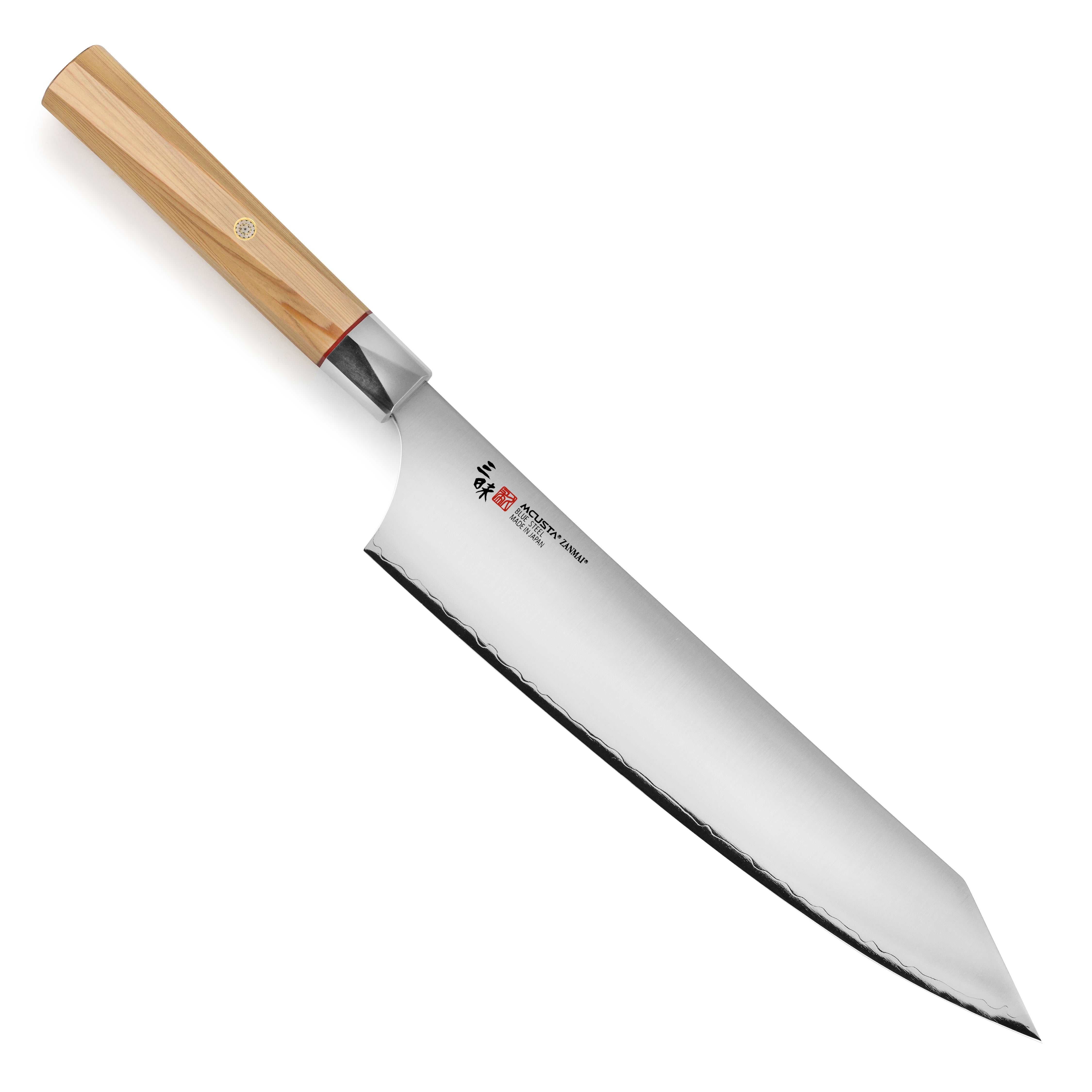 Close-up view of the Aogami Super 9.4-Inch Gyuto knife blade and edge.