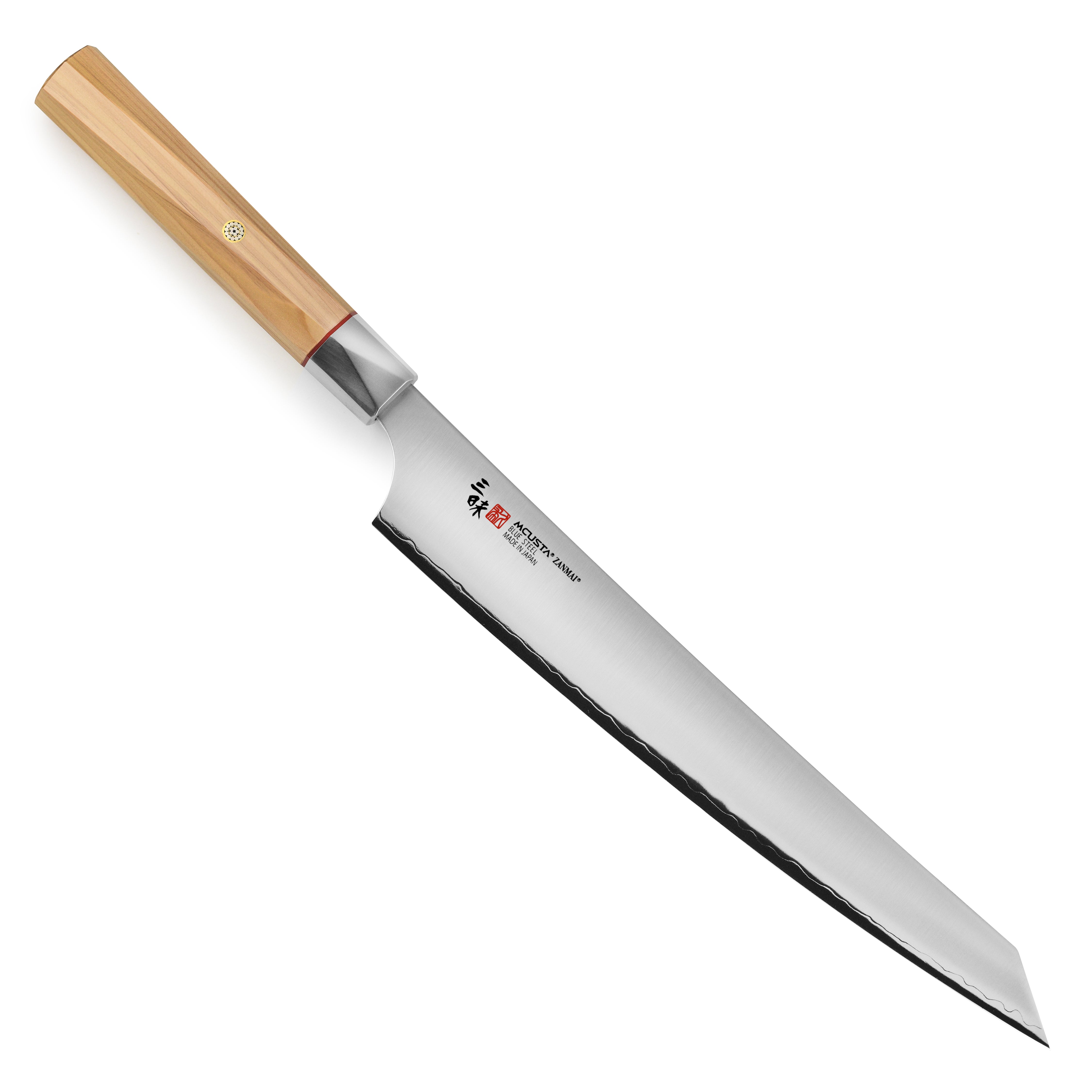 Close-up of the Zanmai Beyond Aogami Super 9.4-inch sujihiki showing the sharp edge and handle detail
