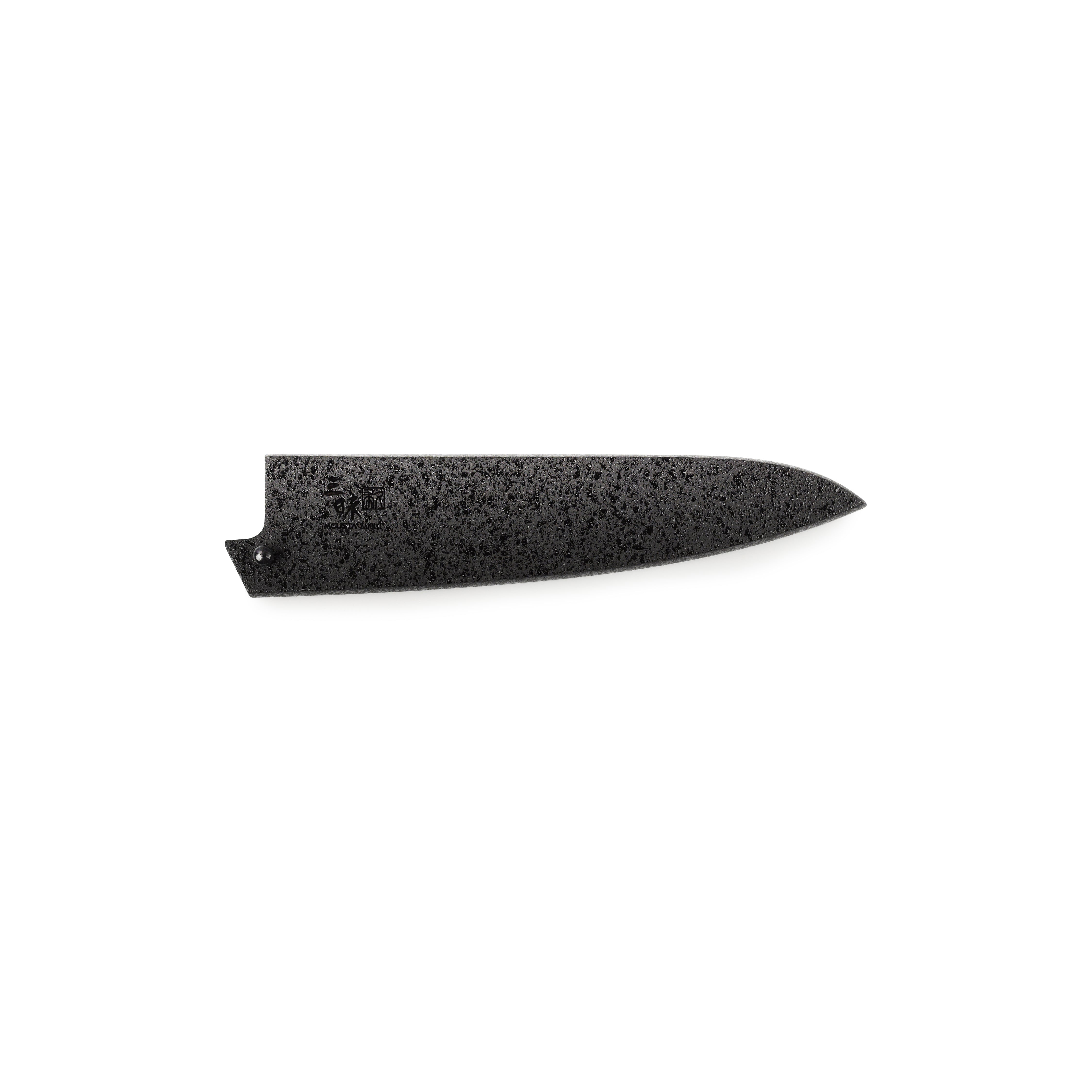 Elegant black lacquer knife sheath showcasing the engraved logo and locking mechanism.