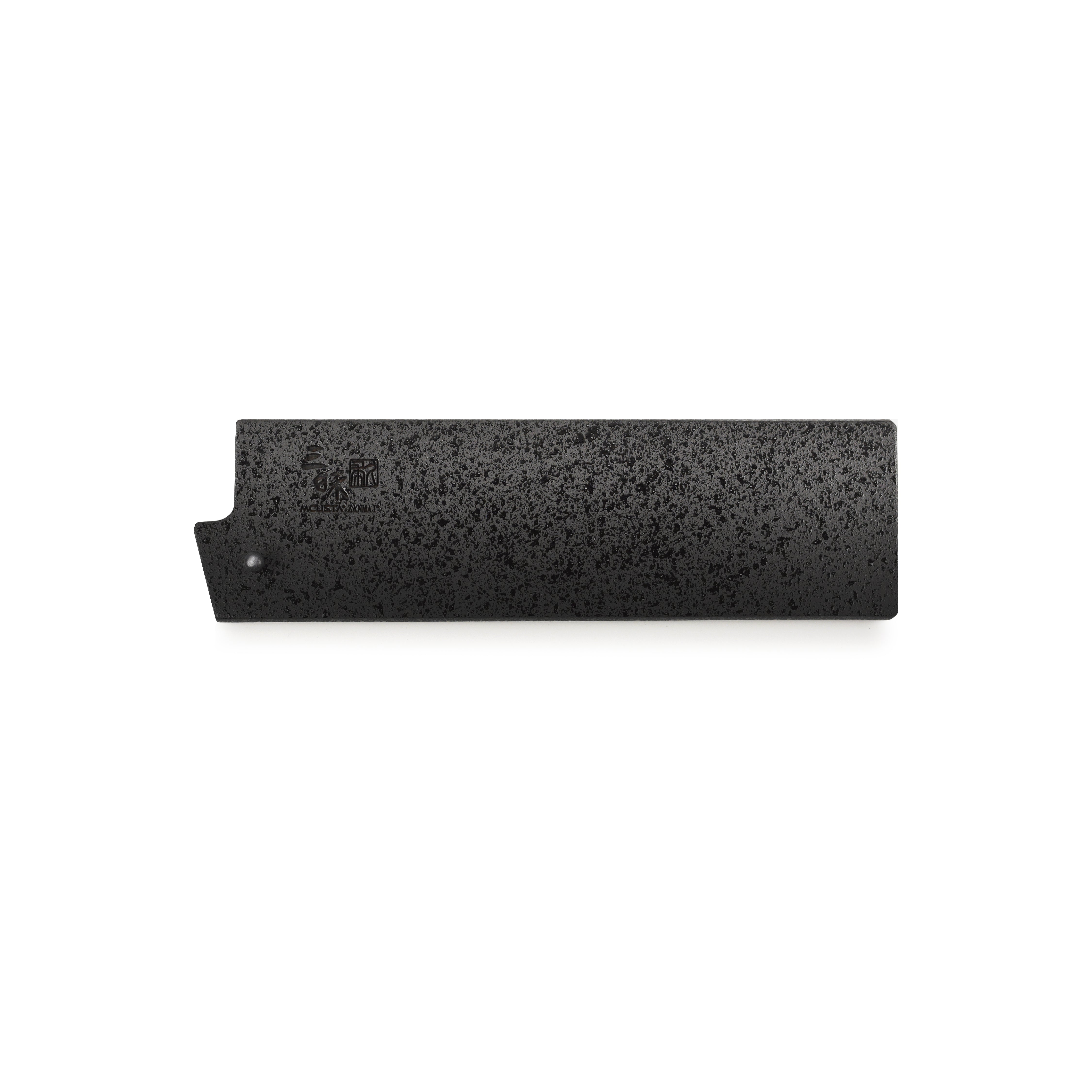 Close-up of Zanmai black lacquer saya with engraved logo for Nakiri knife