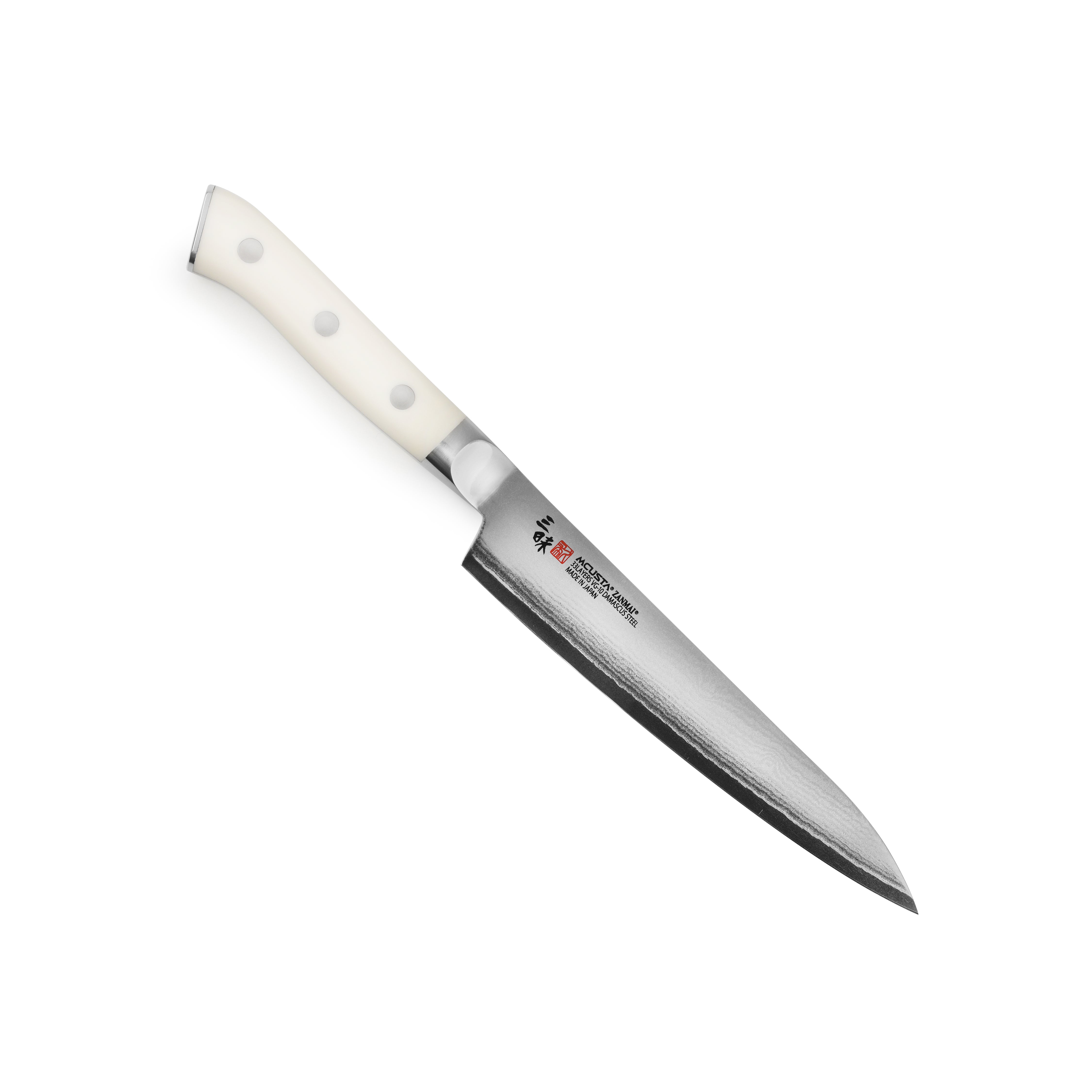 Detailed view of the damascus stainless steel blade on Zanmai Classic Petty Knife, highlighting craftsmanship.