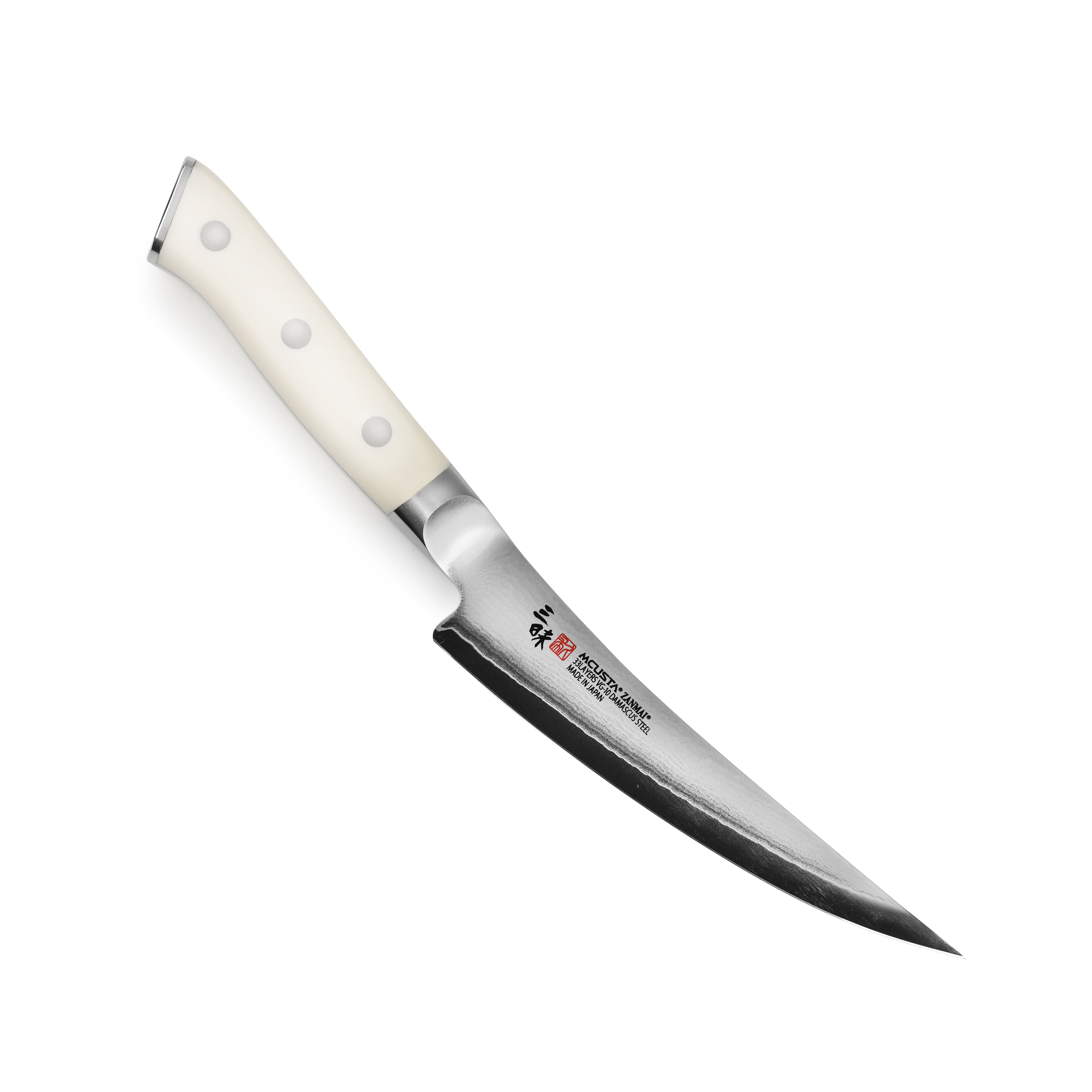 Close-up view of the Zanmai Damascus knife blade highlighting its 33-layer construction.