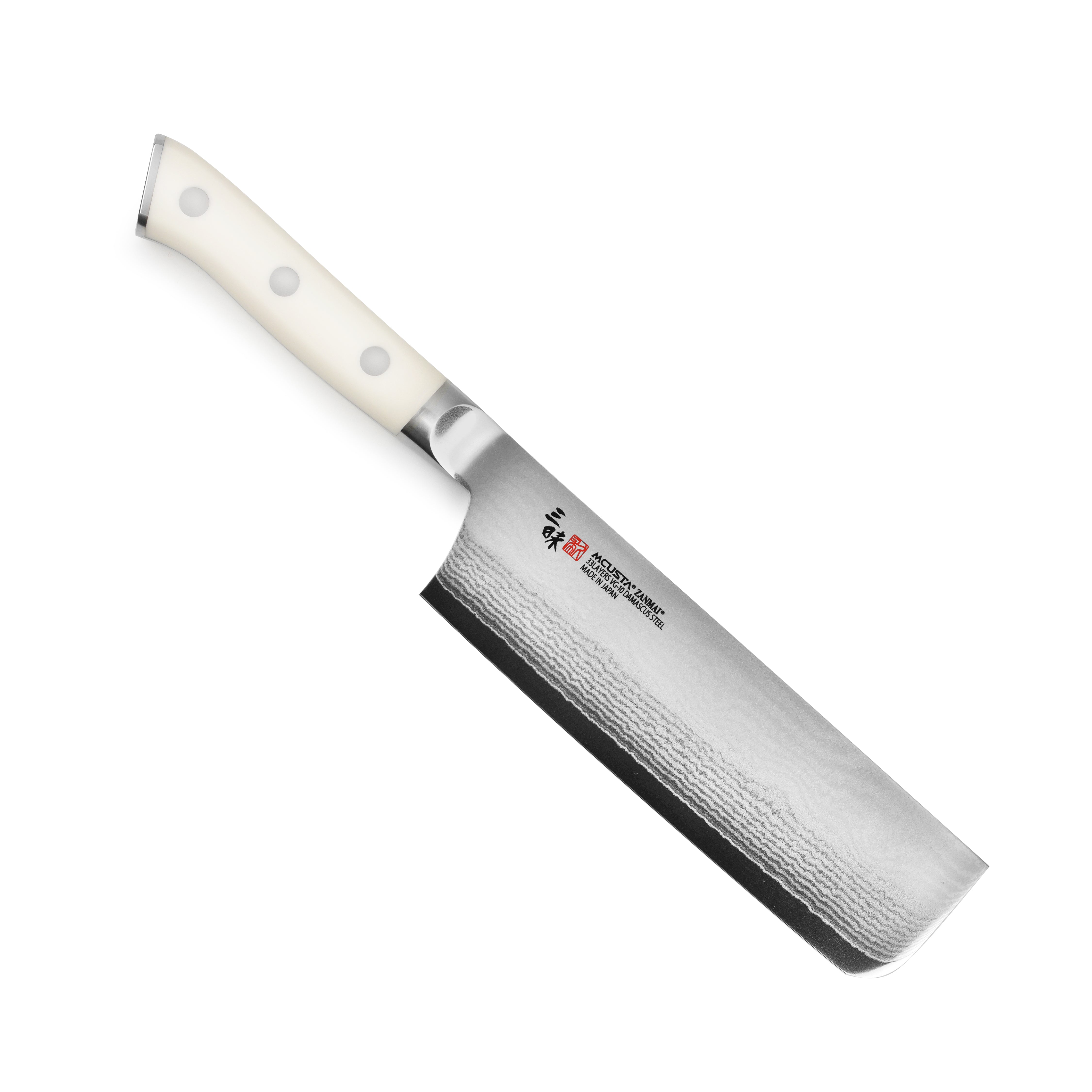 Zanmai Ultimate Damascus Nakiri Knife from the side, showcasing its sharp blade and handle.