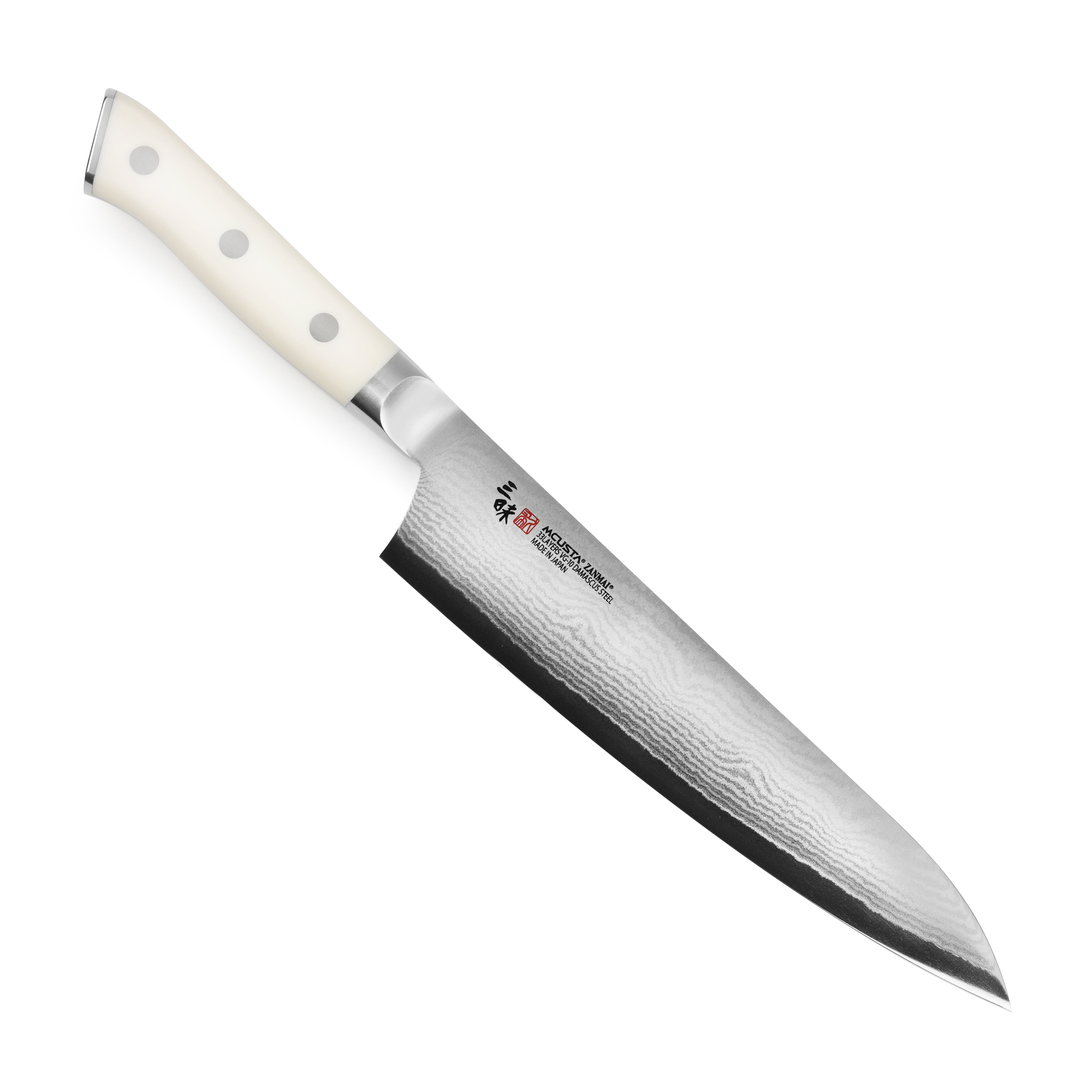 Close-up of Zanmai Damascus gyuto knife blade showing Damascus pattern