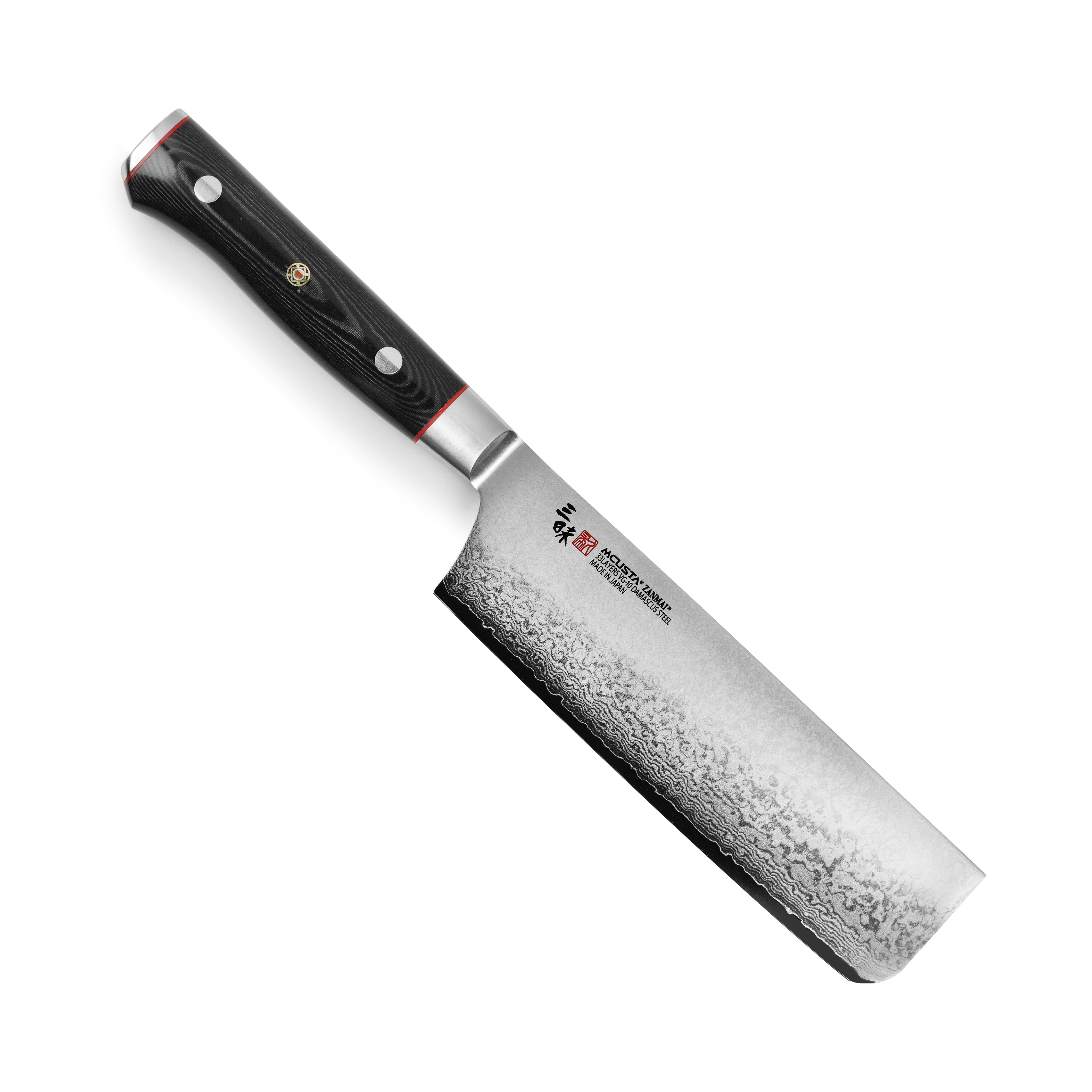 Close-up of Damascus nakiri knife blade showing 33-layer steel pattern and VG10 core