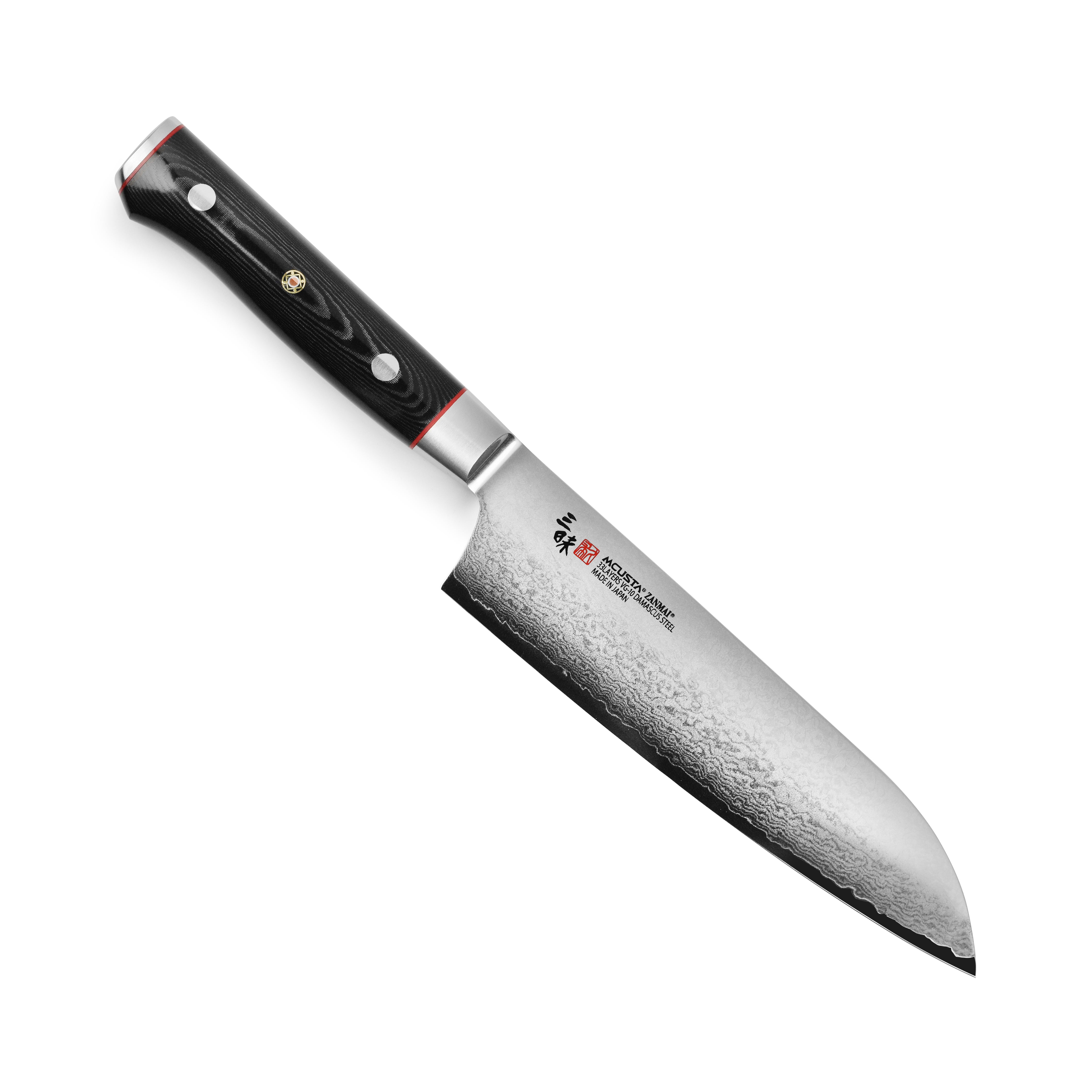 Zanmai Premium Damascus Santoku Knife showcasing its 33-layer blade and elegant Micarta handle.