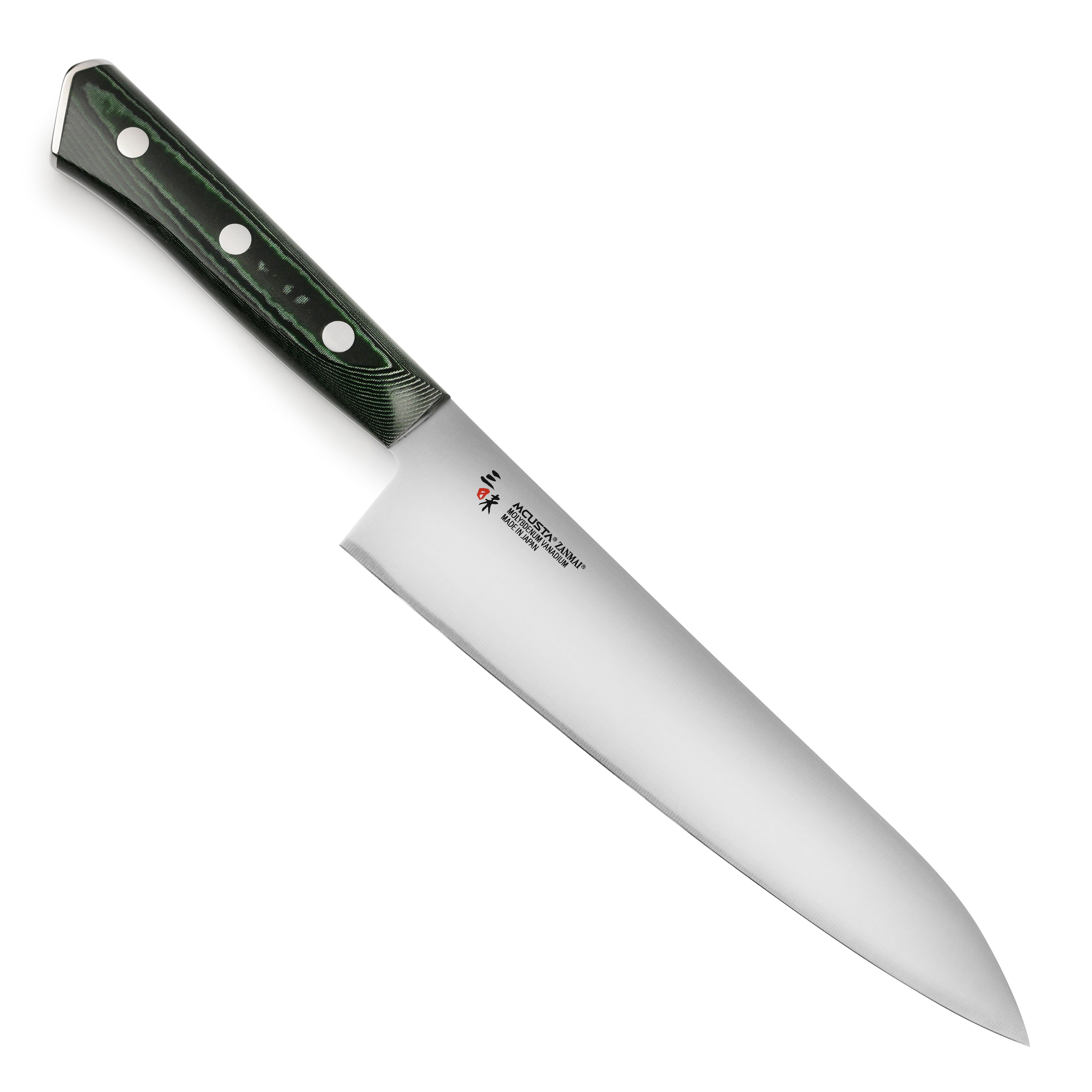Close-up of the Zanmai Forest gyuto knife blade showing its polished finish and sharp edge.