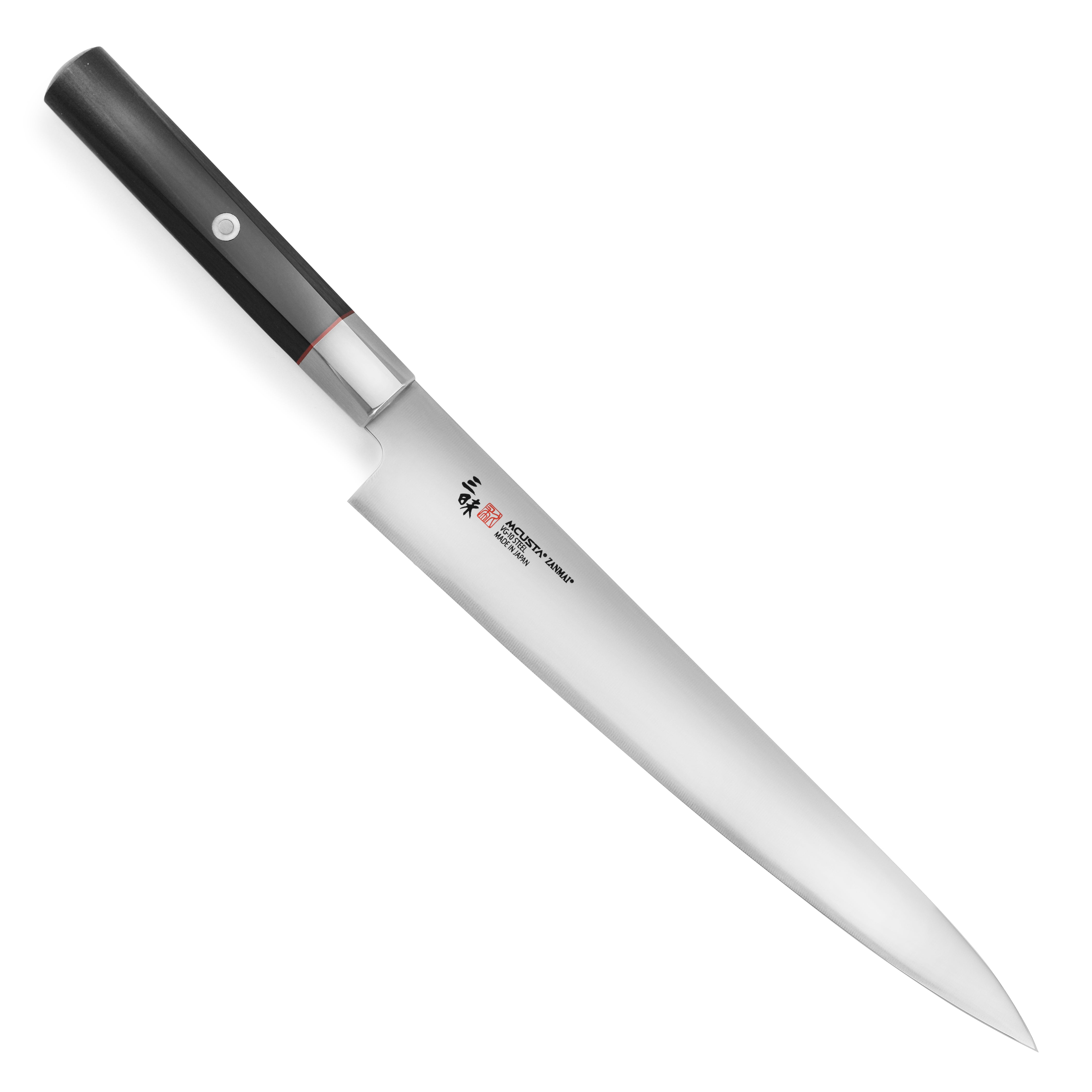 Close-up of SekiPro VG10 Sujihiki knife blade showing sharp edge and craftsmanship