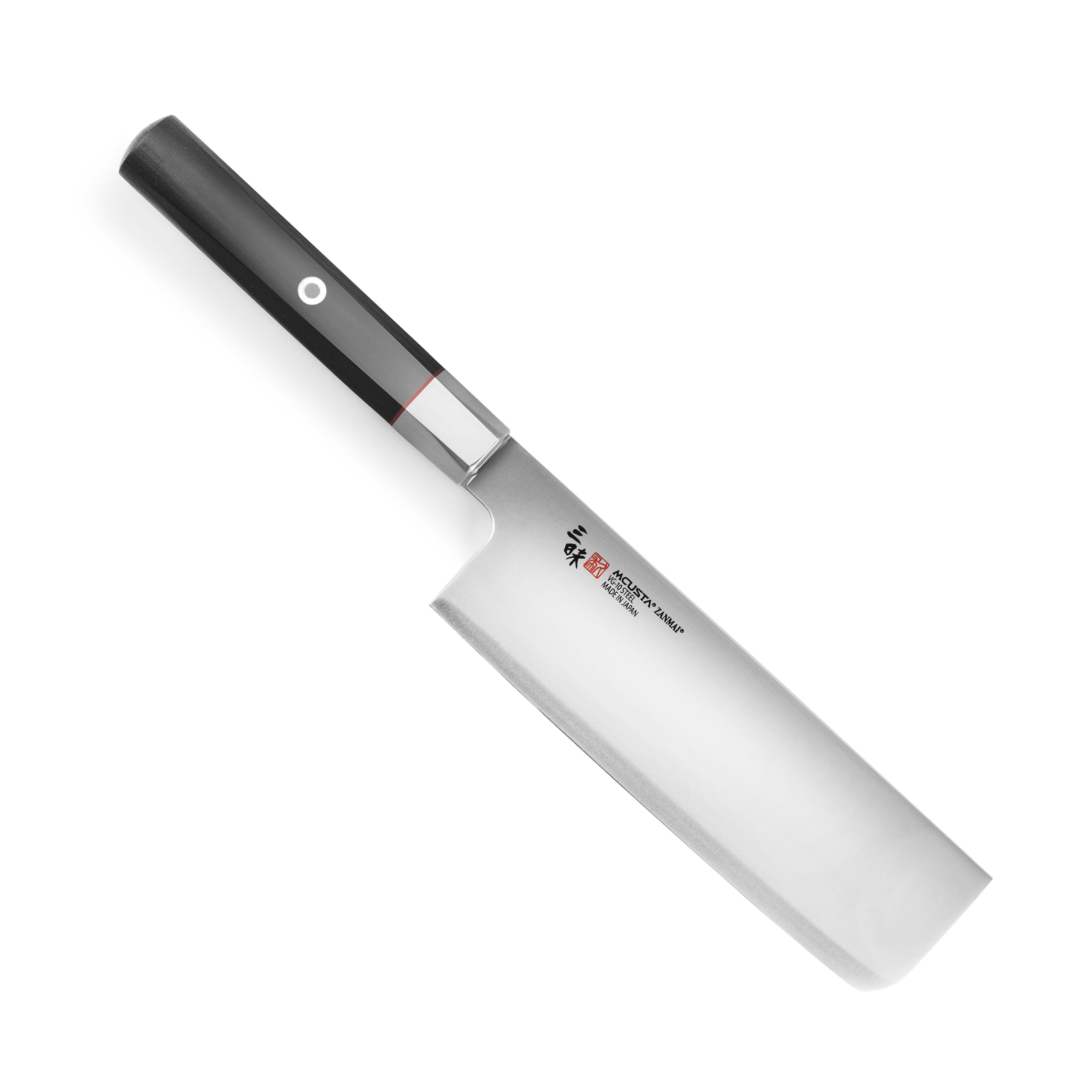 Zanmai Premium VG10 Nakiri Knife showcasing its sharp blade and elegant handle from a side angle.