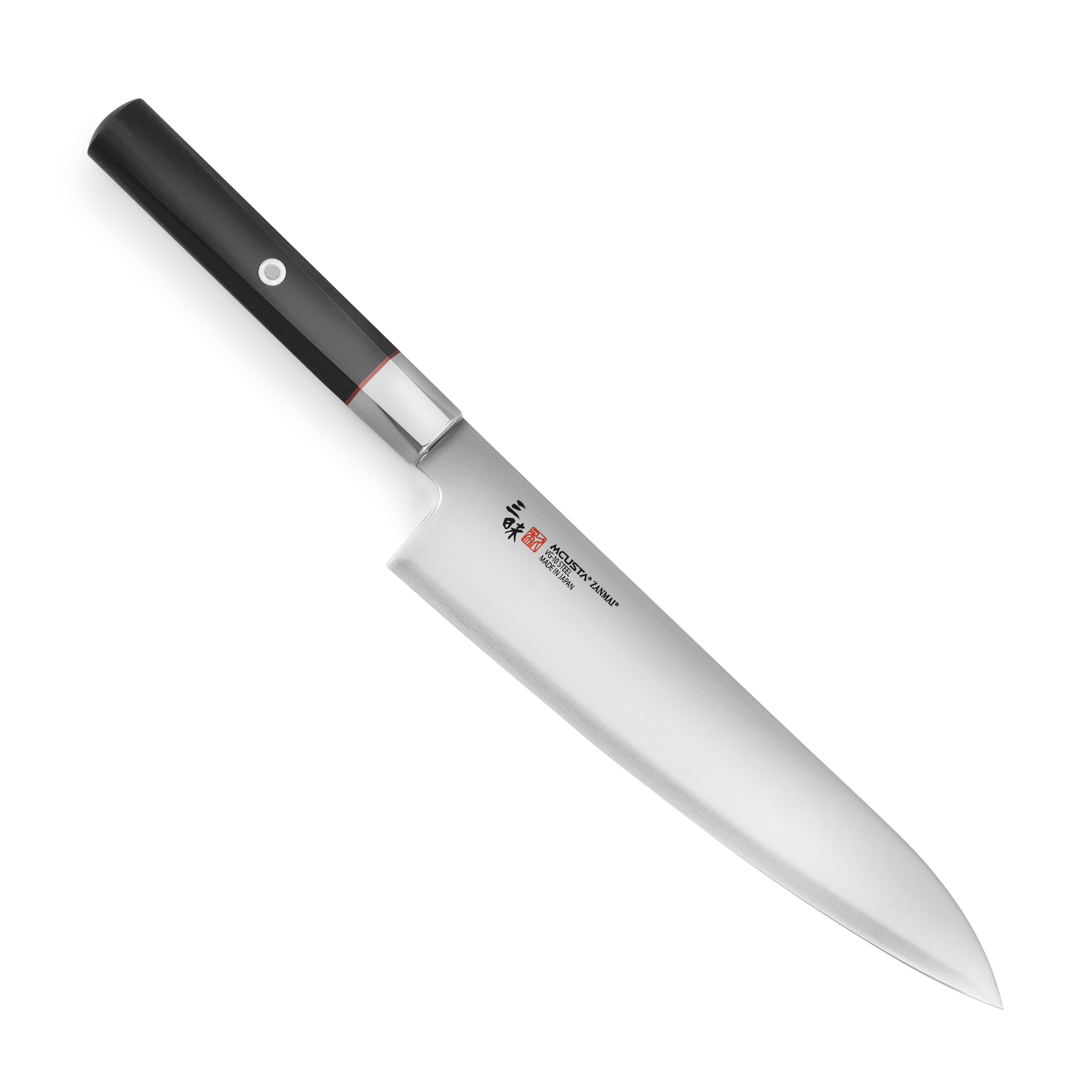 Side view of the Zanmai VG10 Gyuto knife highlighting its sharp blade and elegant Pakkawood handle.