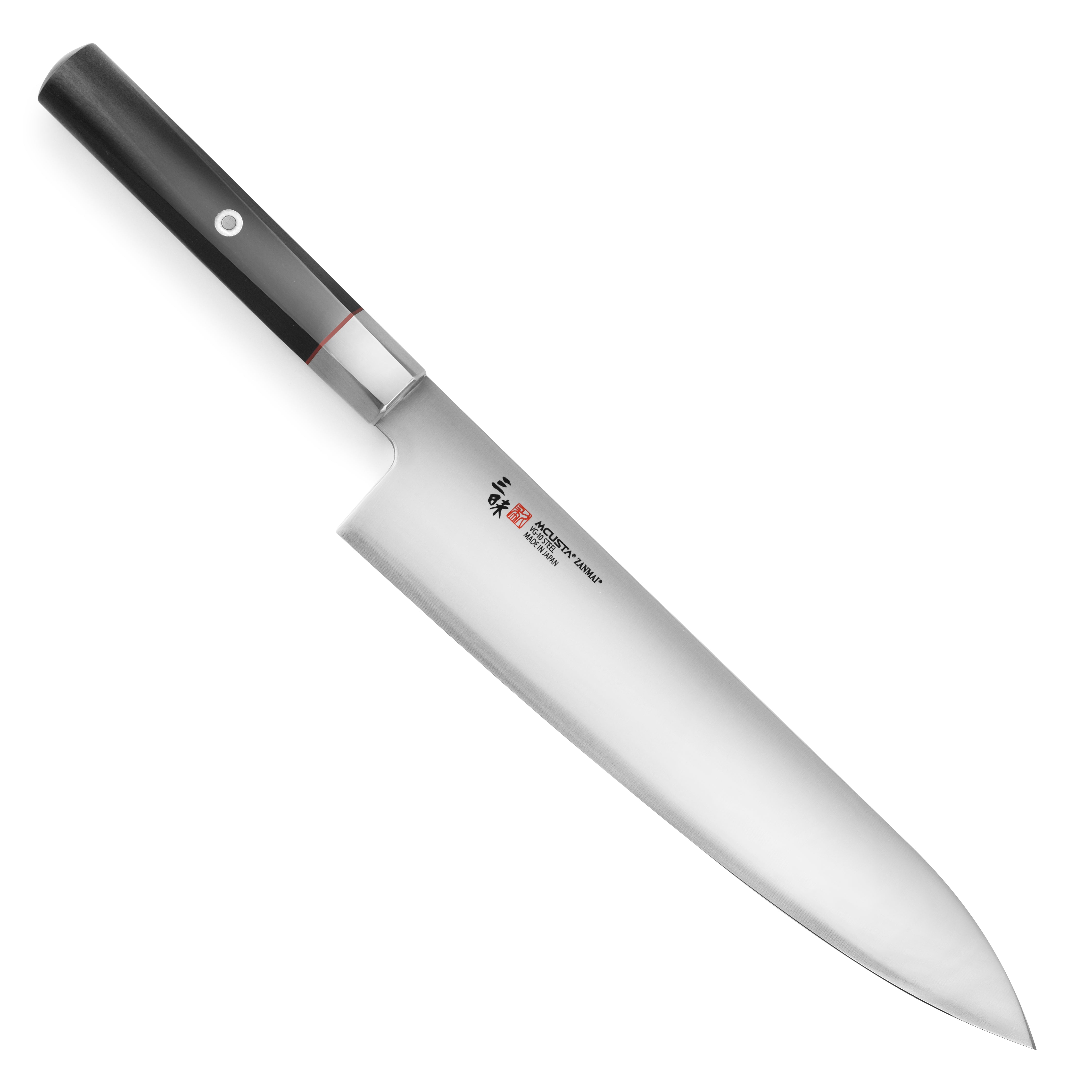 Seki City Hybrid VG10 Chefs Gyuto Knife at an angle showcasing the blades sharpness
