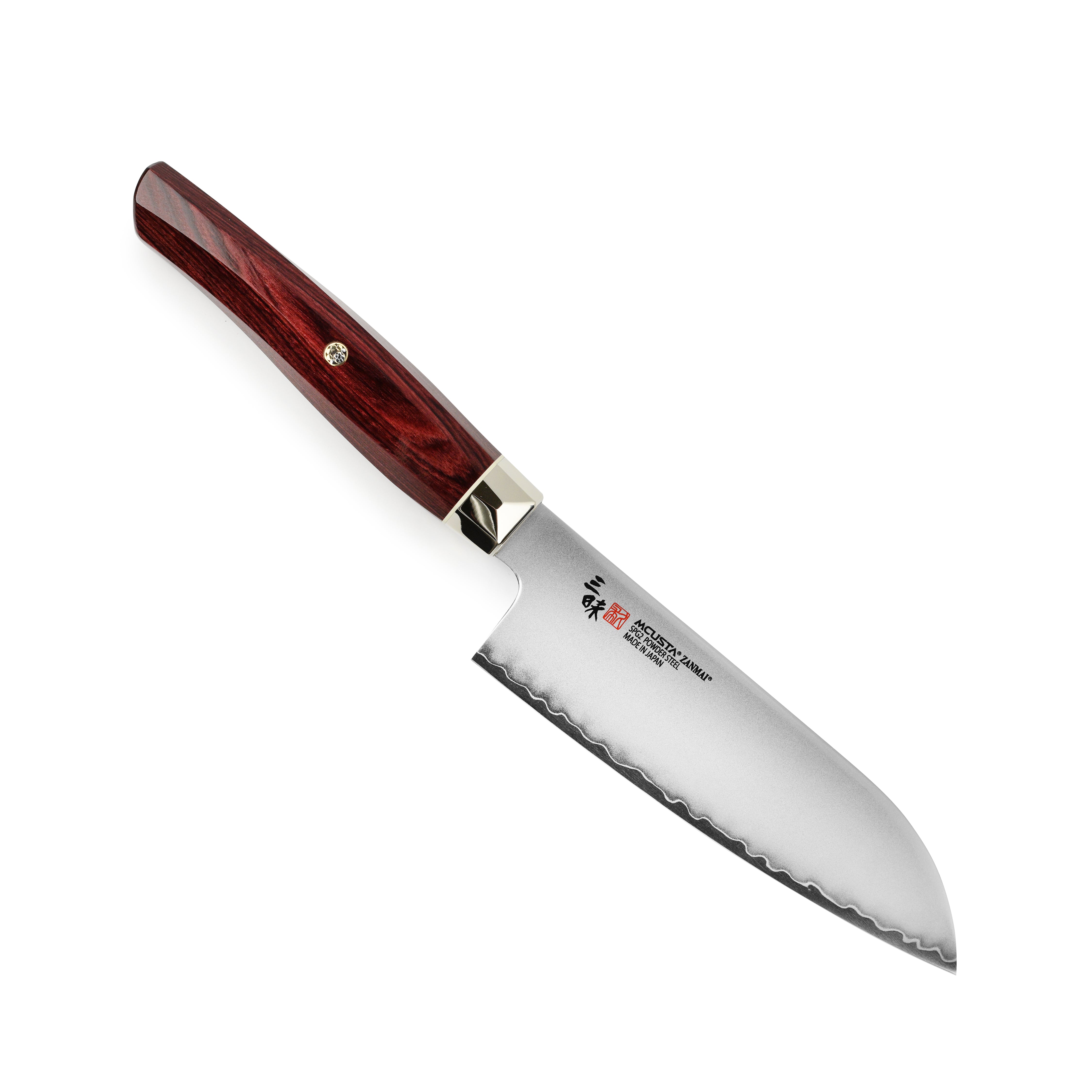 Zanmai Revolution SG2 Santoku knife showcasing its sharp edge and elegant red Pakkawood handle.