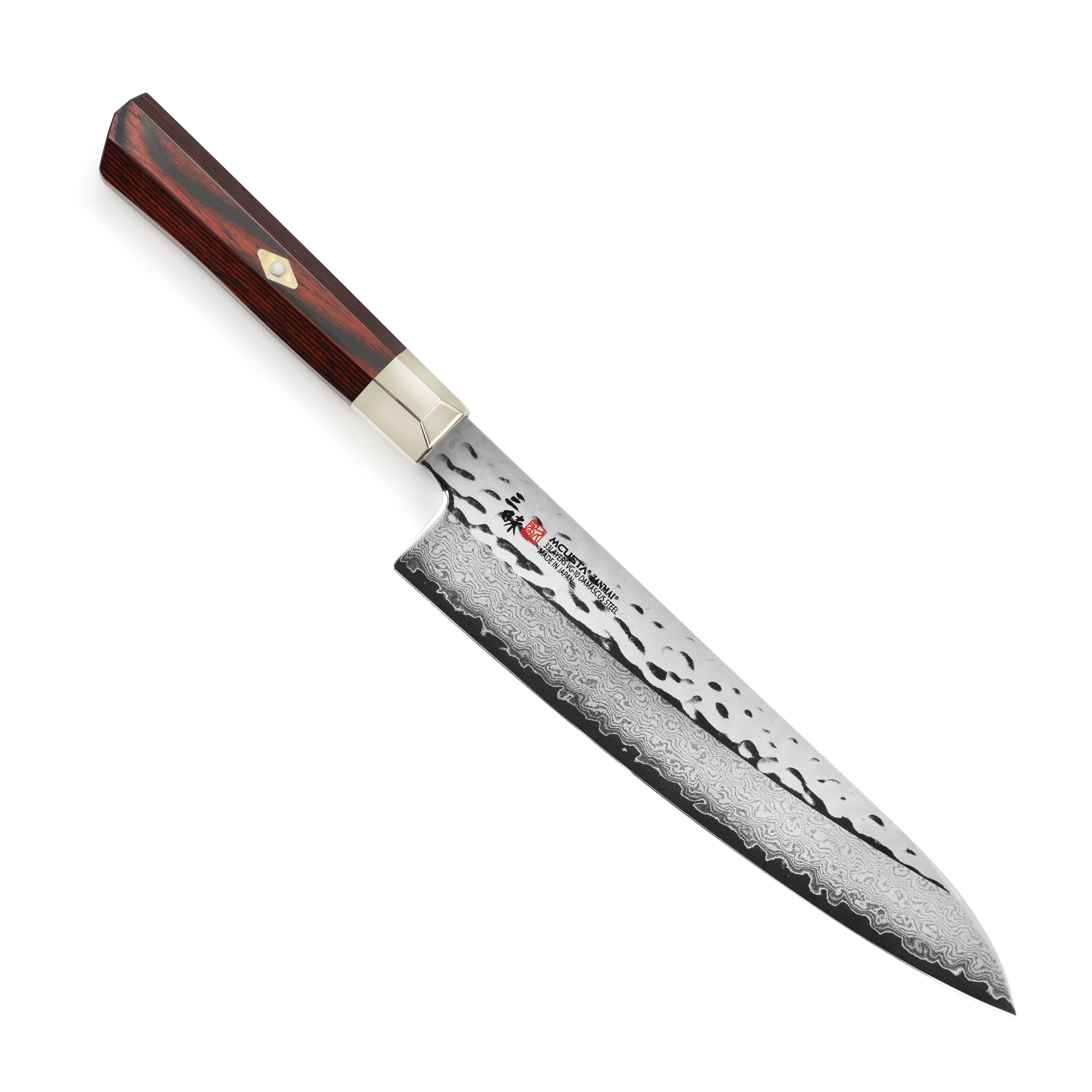 Front view of Zanmai Supreme Damascus Gyuto with hammered finish and Pakkawood handle