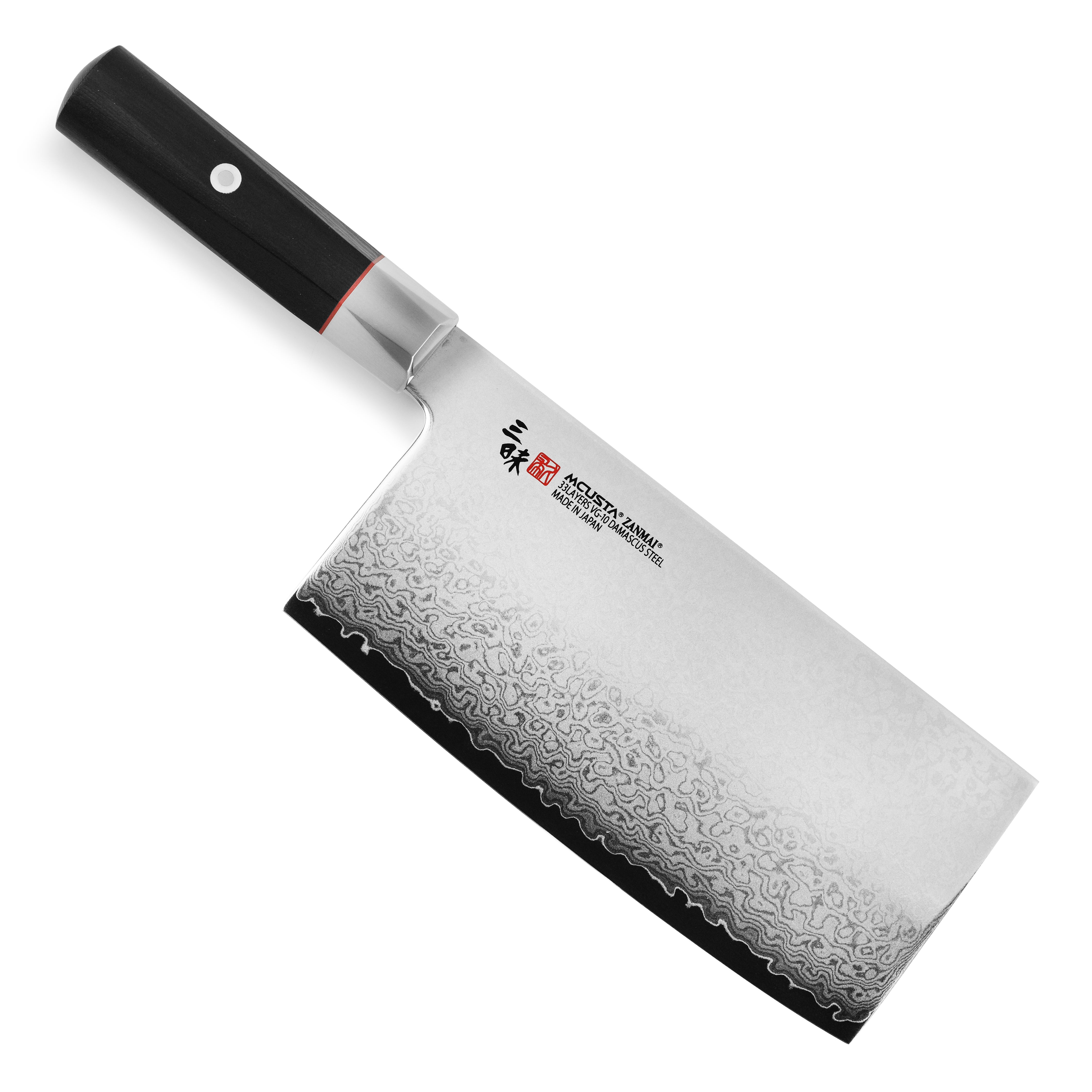 Close-up of the Damascus layered blade of the Japanese chef knife with VG10 steel