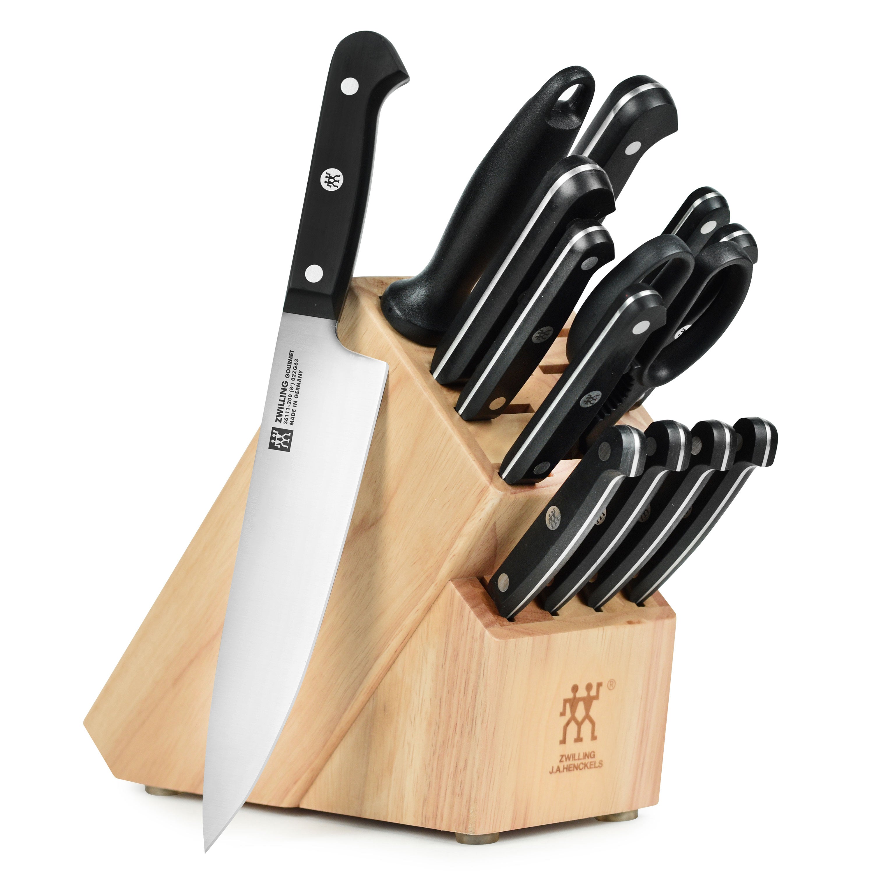 The Zwilling knife block set displayed in a modern kitchen setting, emphasizing its aesthetic appeal and functionality.