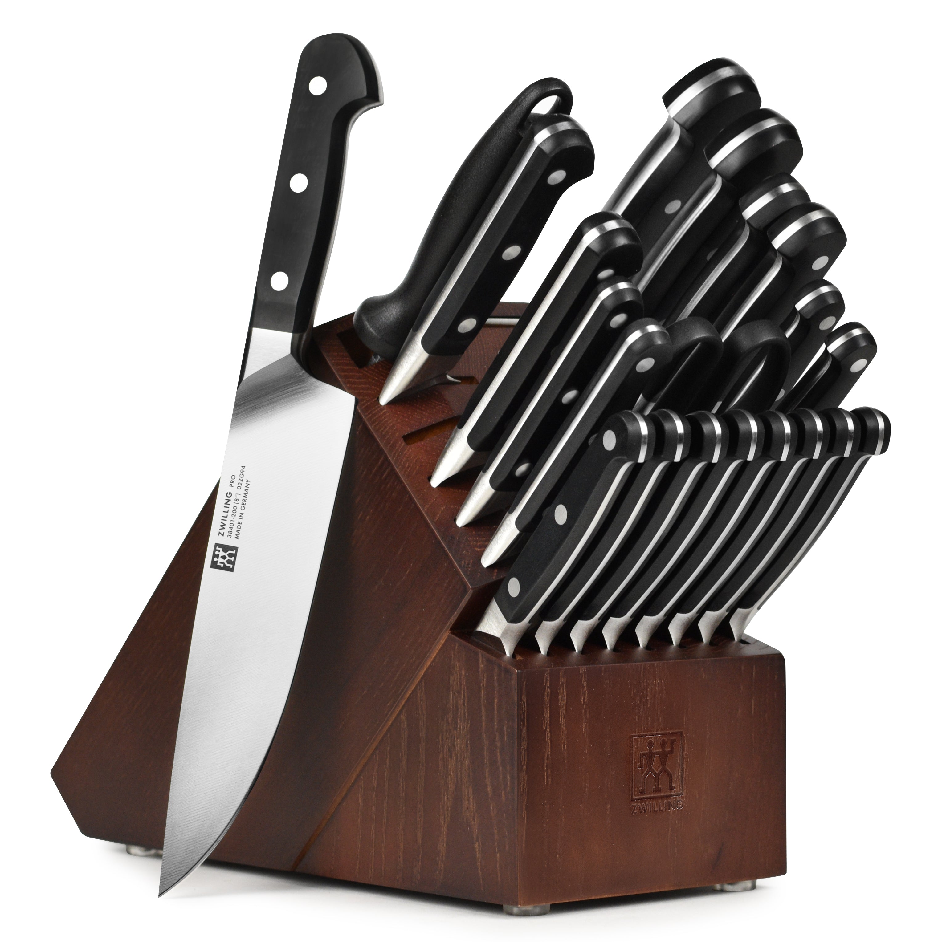 Complete display of the Zwilling Pro knife block set including all 22 pieces arranged beautifully.